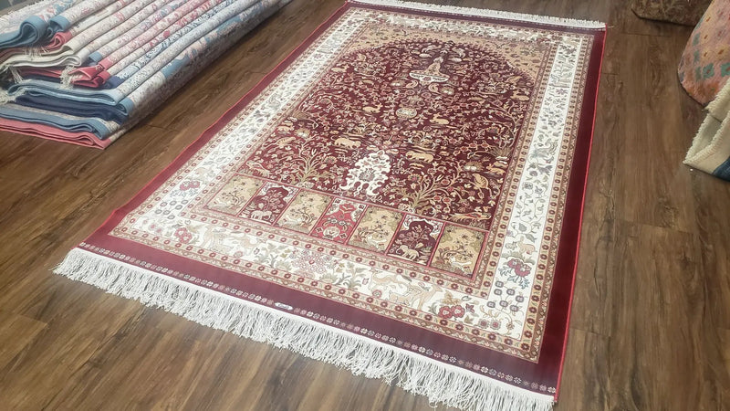 Silk Carpet 4x6 Dark Red & Cream, Tree of Life Rug, Animal Motifs, Birds Deer Rabbits, All Bamboo Silk, 4 x 6 Silk Area Rug by Jewel Rugs