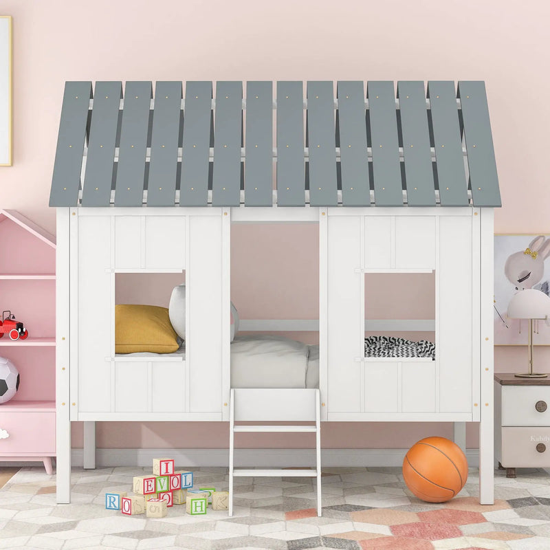 Twin Size Low Loft House Bed With Roof And 2 Front Windows - White by HouseOfZazla