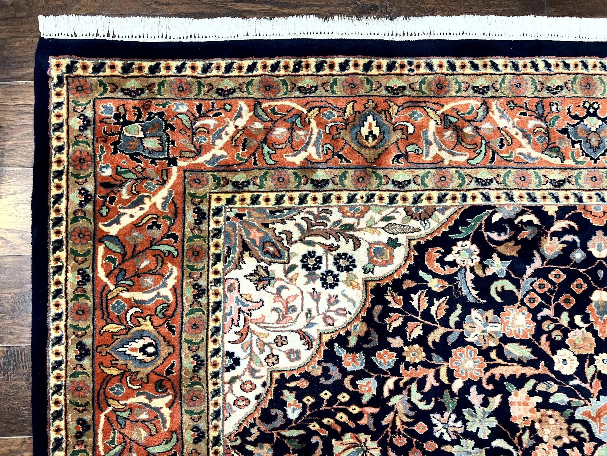 Indo Persian Rug 8x10, Midnight Blue & Red, Handmade Vintage Wool Carpet, Floral Medallion by Jewel Rugs
