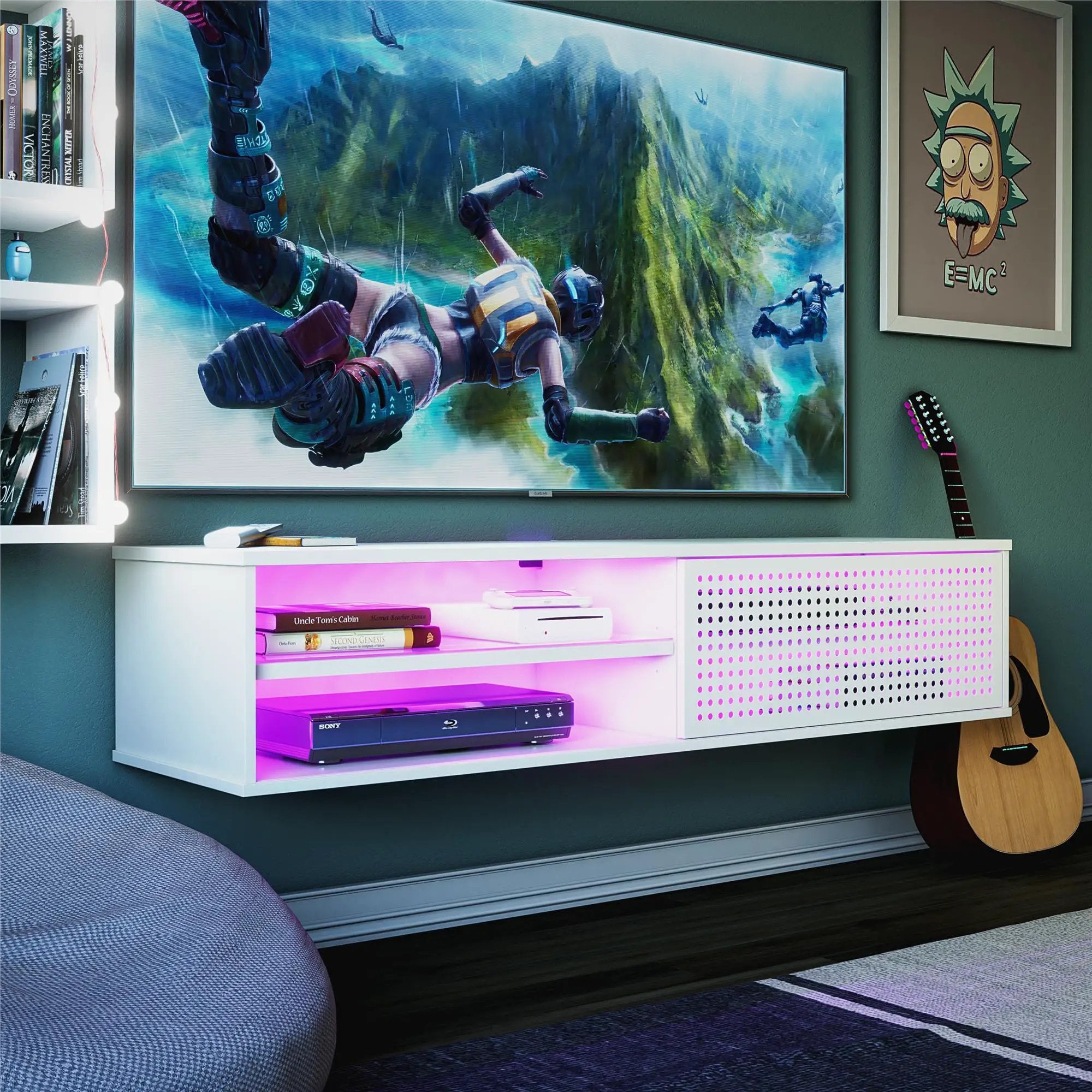 Glitch Floating TV Stand For TVs Up To 60" With RGB Lighting And Sliding Door - White by HouseOfZazla