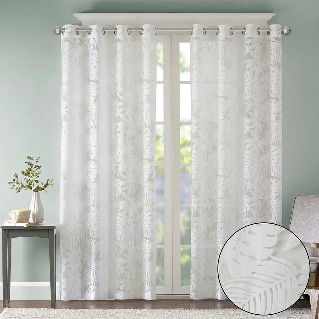Palm Leaf Burnout Sheer Window Curtain White 50x84 by HouseOfZazla