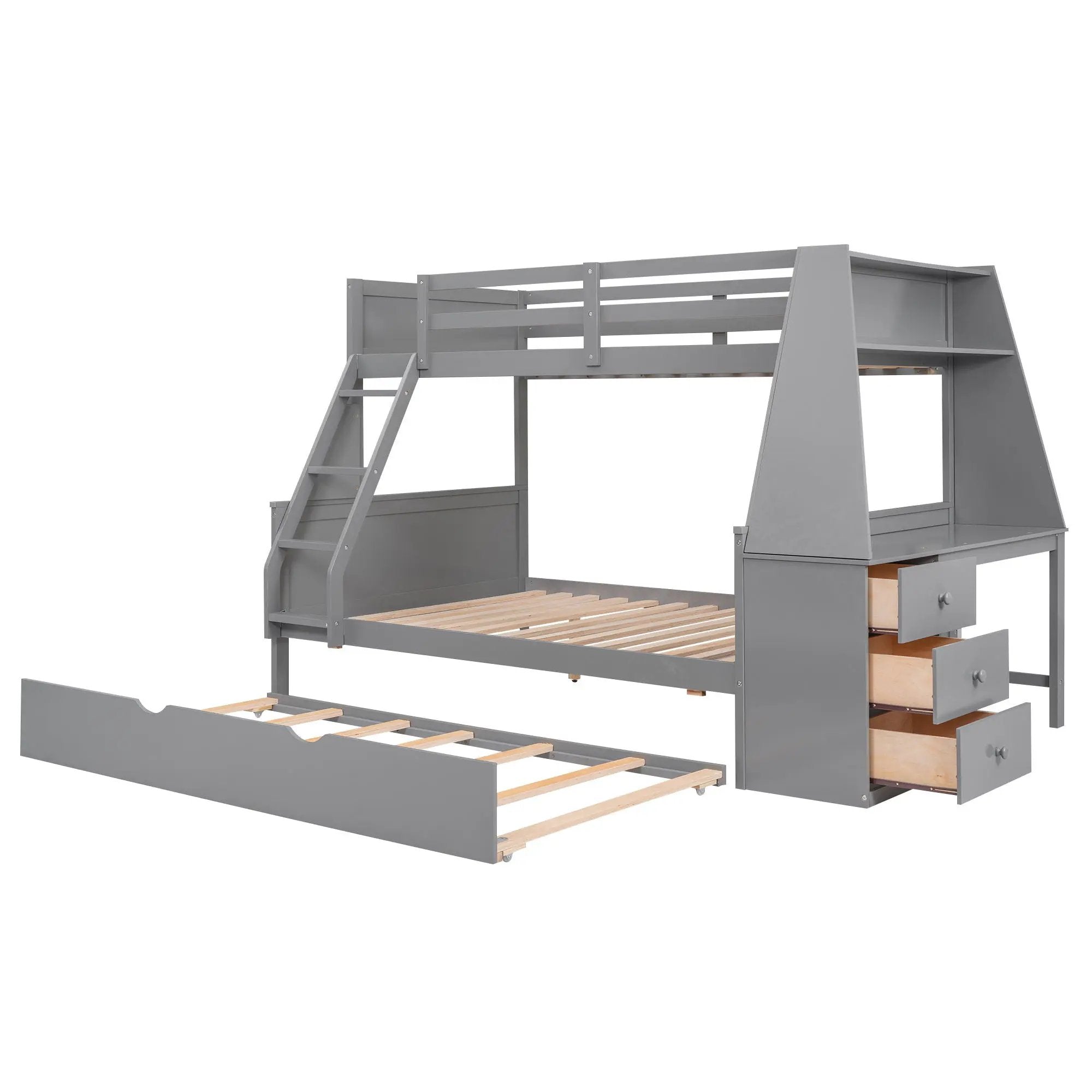 Bunk Bed With Trundle And Built In Desk, 3 Storage Drawers And Shelf by HouseOfZazla