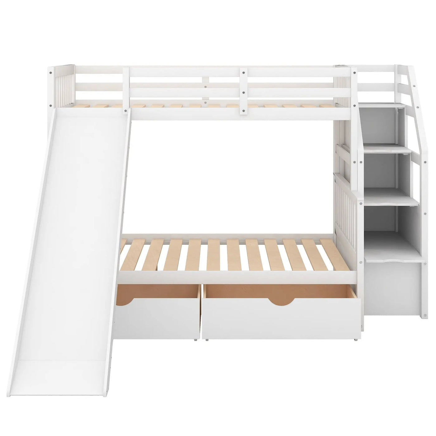 Bunk Bed With Storage Staircase, Slide, Desk, Drawers, And Shelves by HouseOfZazla