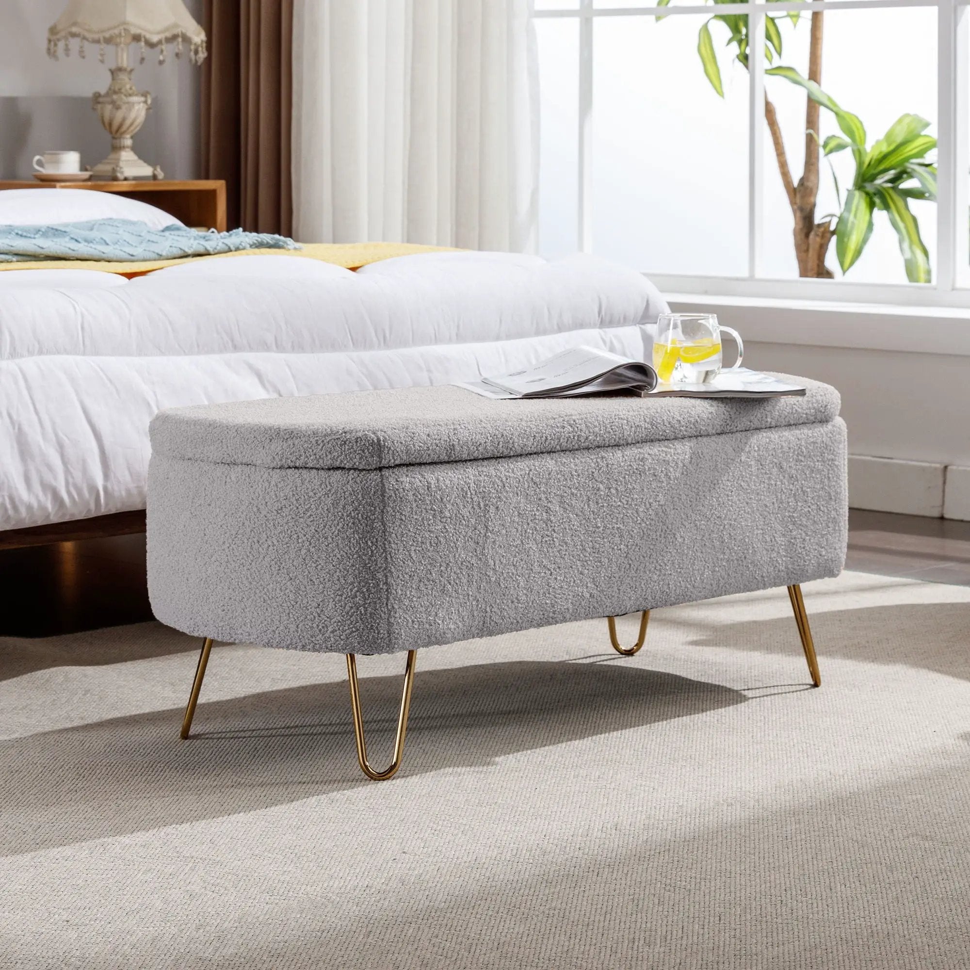 Storage Ottoman Bench For End Of Bed Legs, Modern Camel Faux Fur Entryway Bench Upholstered Padded With Storage For Living Room Bedroom by Unique Piece Furniture