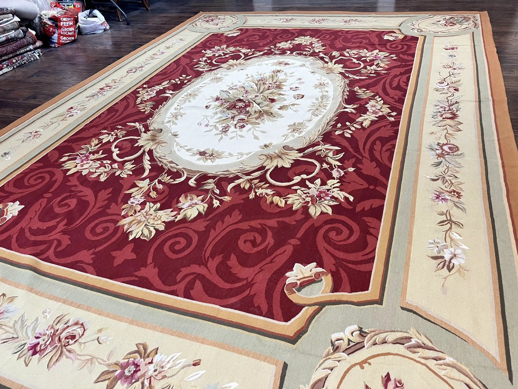 Large Aubusson Rug 10x14, Wool Handmade Vintage Carpet, Dark Red Ivory Tan, French European Elegant Aubusson Weave Rug by Jewel Rugs