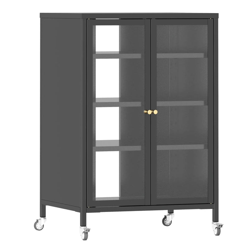 Media Storage Cabinet With Wheels, 4 Adjustable Glass Shelves & Door, Heavy-Duty - Black by HouseOfZazla