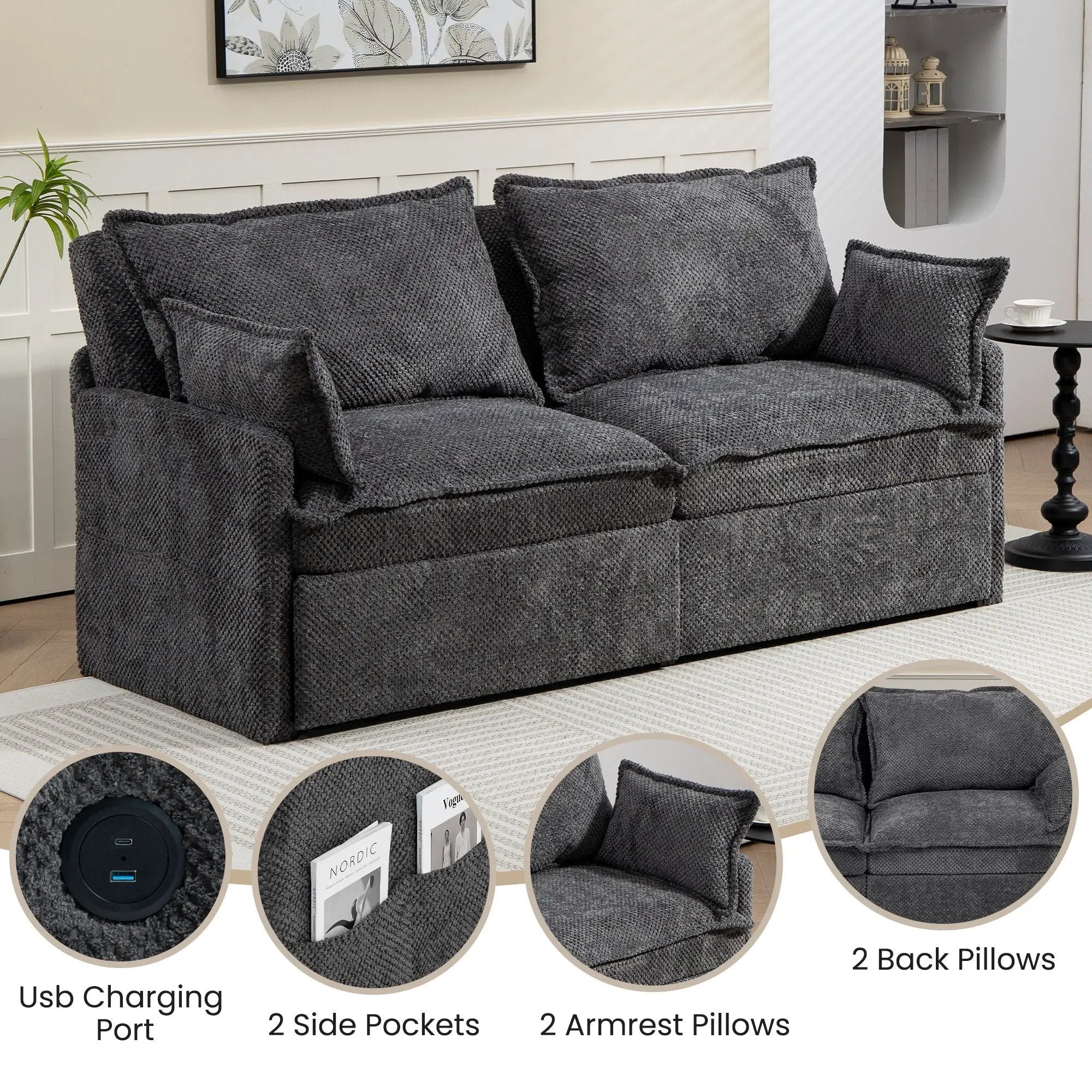Pull Out Sofa Bed, Convertible Sleeper Sofa Couch, Side Storage, And USB / C - Type Charging Ports Chair by Unique Piece Furniture
