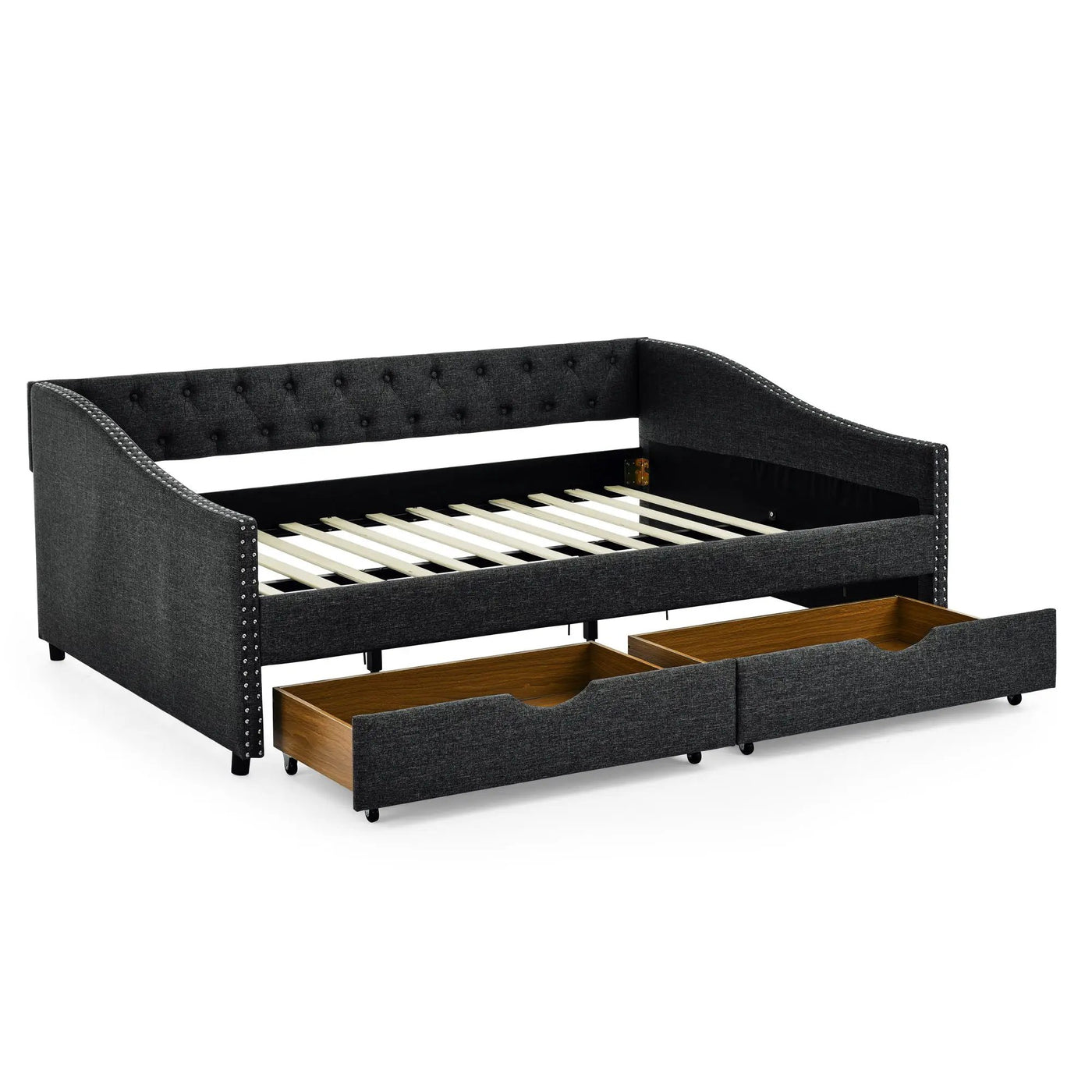 Upholstered Tufted Daybed With 2 Drawers, Waved Arms by HouseOfZazla