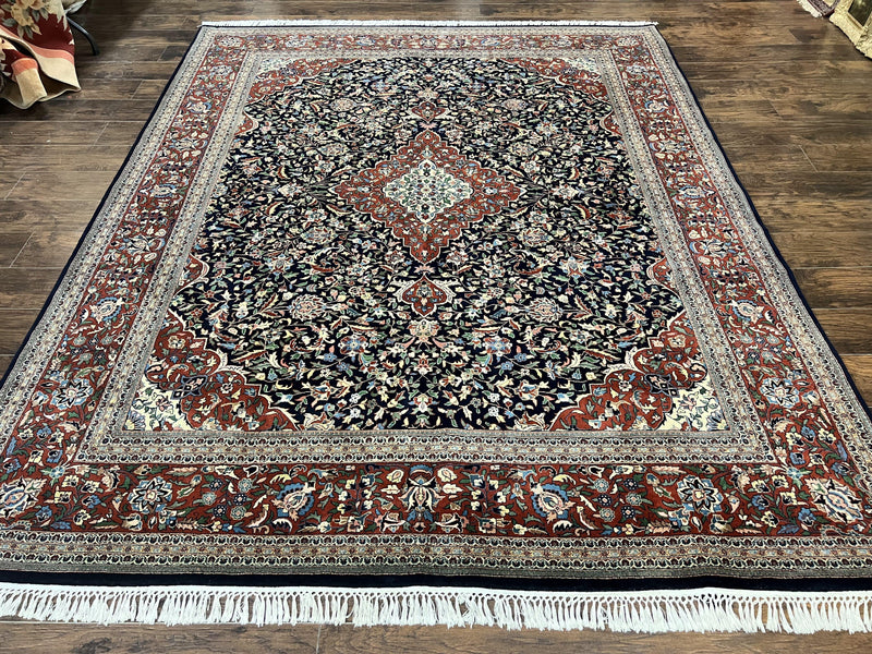 Indo Persian Rug 8x10, Floral Medallion, Vintage Handmade Wool Carpet, Navy Blue and Red, Fine 300 KPSI by Jewel Rugs