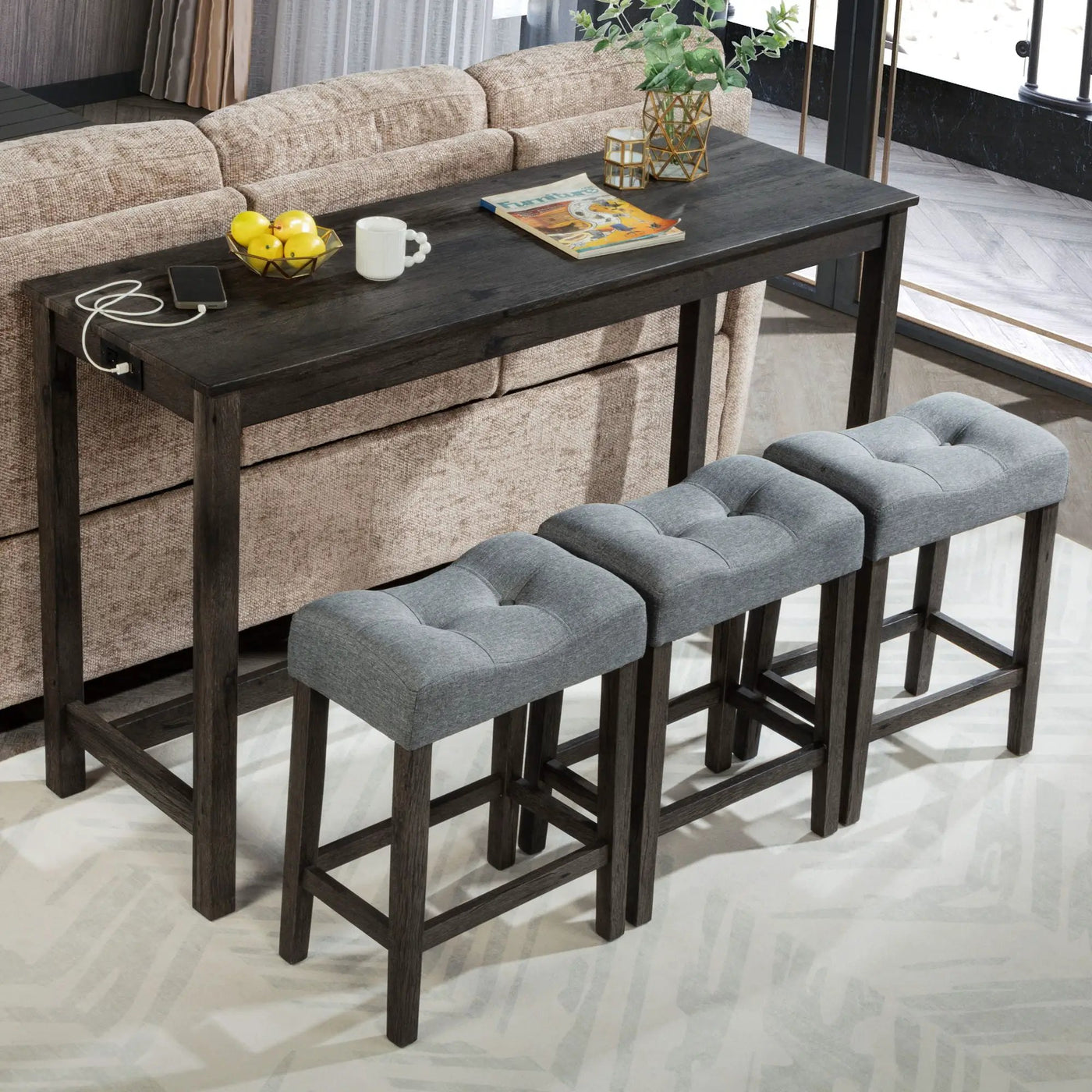 4 Piece Bar Table Set With Power Outlet, 3 Padded Stools by HouseOfZazla