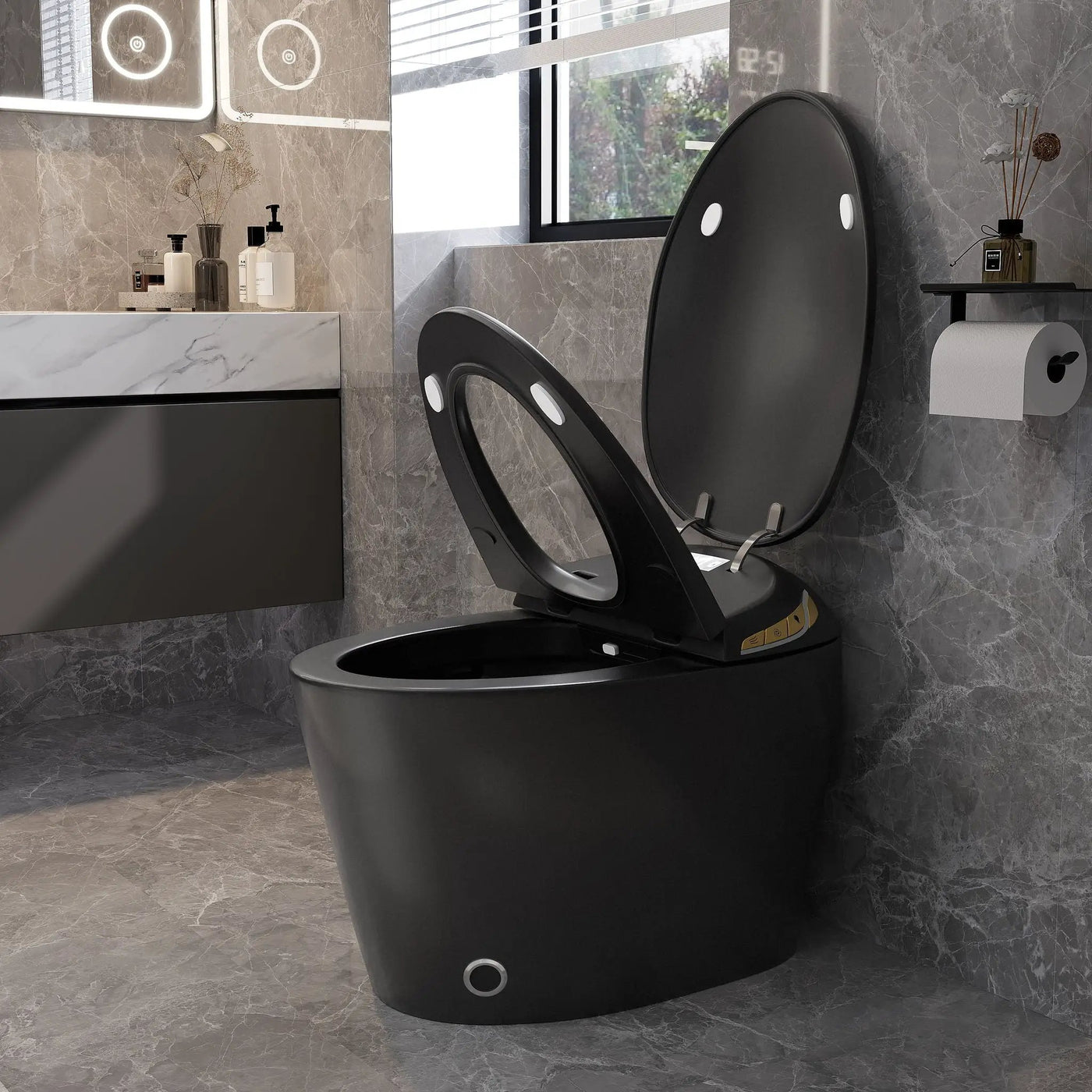 Unique Smart Toile With Built In Bidet, Auto Open / Close Seat, Foot Sensor, LED Display, Night Light, Warm Water & Dryer Ceramic by HouseOfZazla