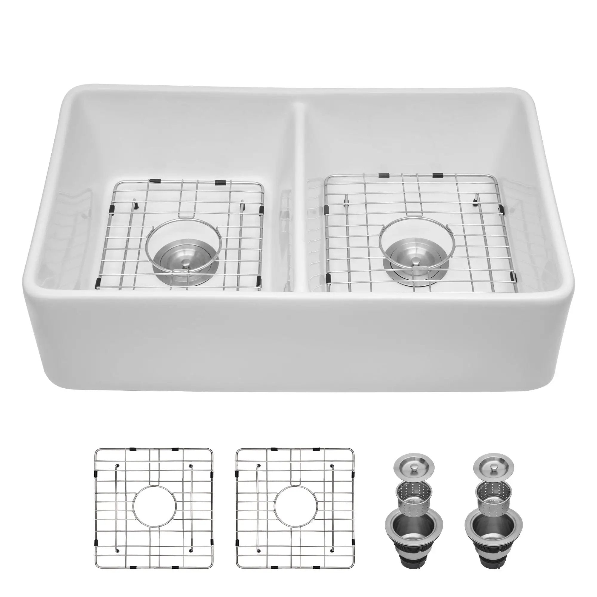 Double Bowl Apron Front Kitchen Sink 32", Sturdy And With Scratch Resistant - White