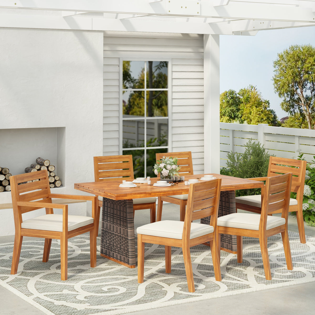 Outdoor 7 Pieces Acacia Wood Dining Set with Handwoven Rattan Legs, photo 2 of 10
