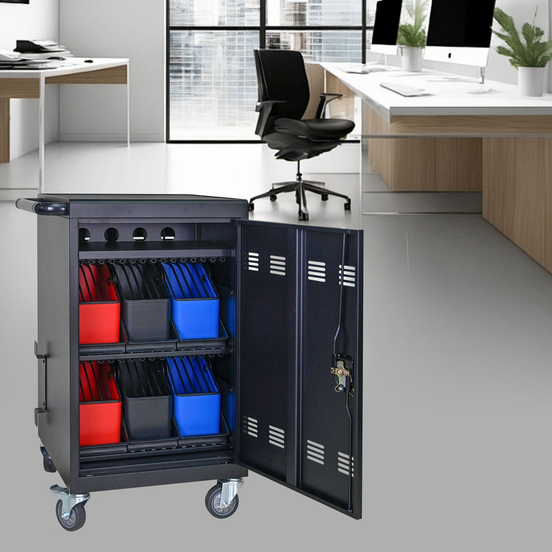 32 Bit Device Charging Trolley For Tablets And Laptops With Cable Management, Removable Doors - Matte Black by HouseOfZazla