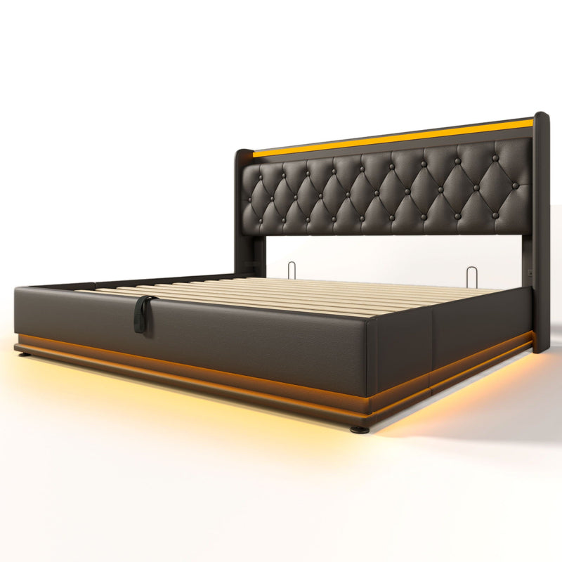 Upholstered Bed, 360 Surround LED Function, Remote Control, Hydraulic Storage Bed With USB, Type-C Charging (Without Mattress) by HouseOfZazla
