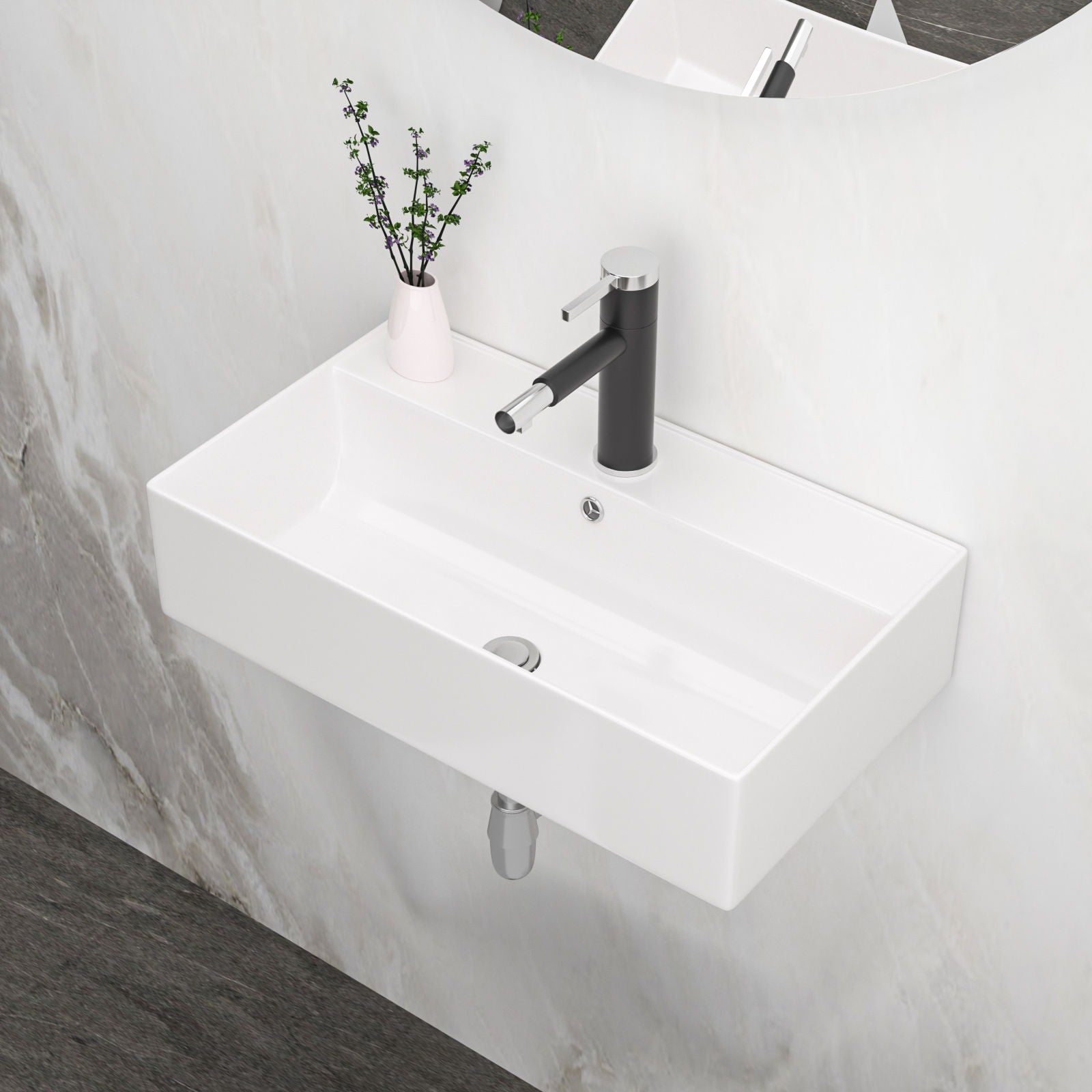 Modern Ceramic Rectangular Wall Mounted Bathroom Sink With Faucet Hole & Overflow by HouseOfZazla