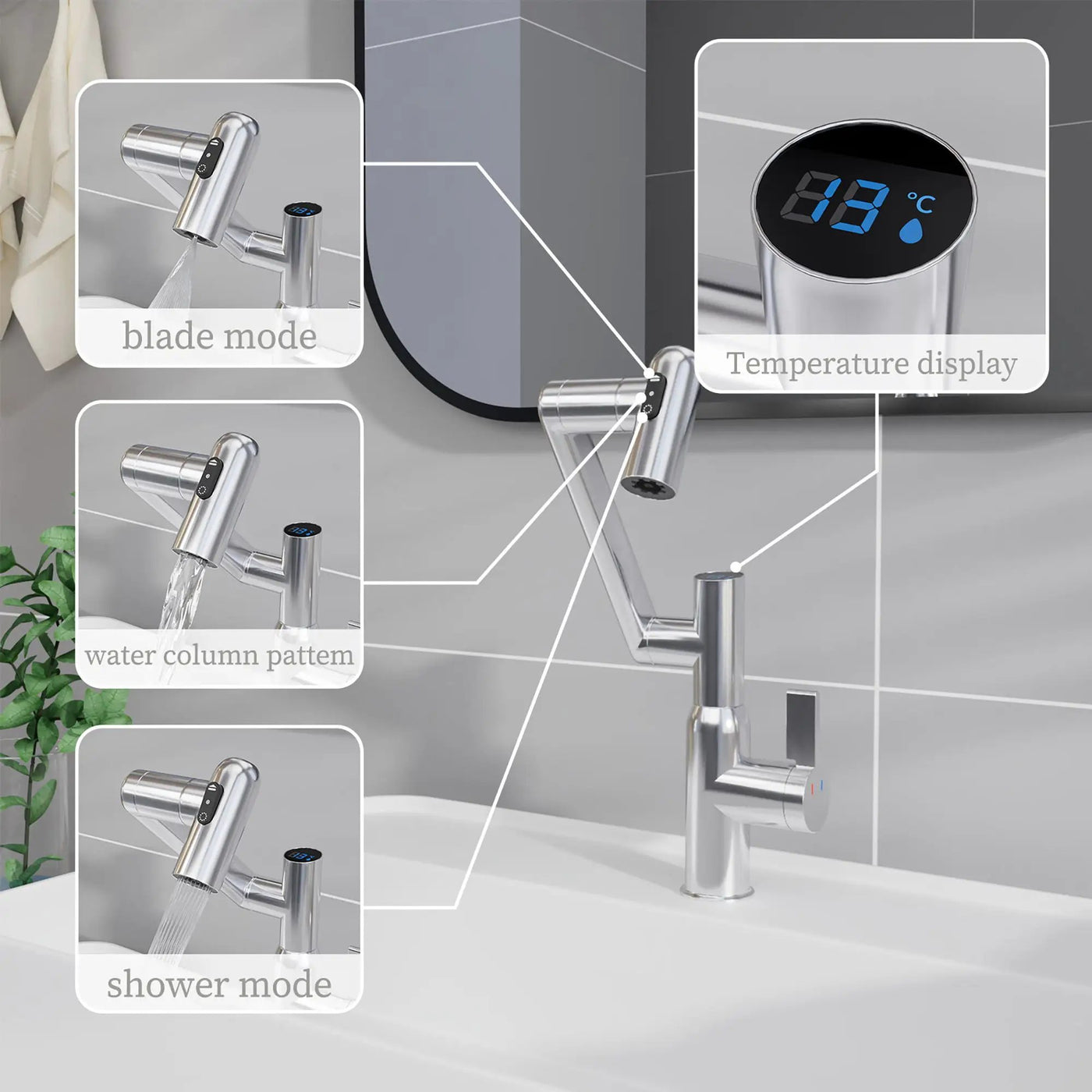 Bathroom Sink Faucet With Spray Function And Temperature Display, Anti Skid Switch, 360 Degree Rotary by HouseOfZazla