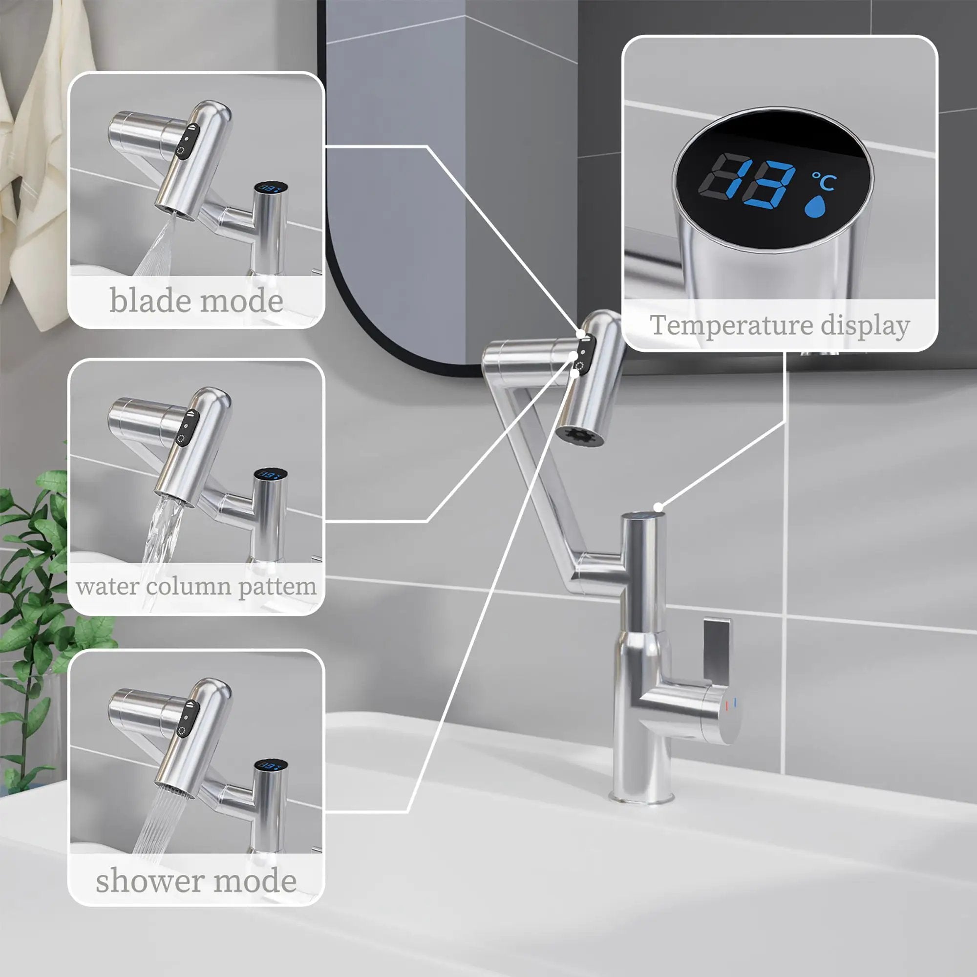 Bathroom Sink Faucet With Spray Function And Temperature Display, Anti Skid Switch, 360 Degree Rotary by HouseOfZazla