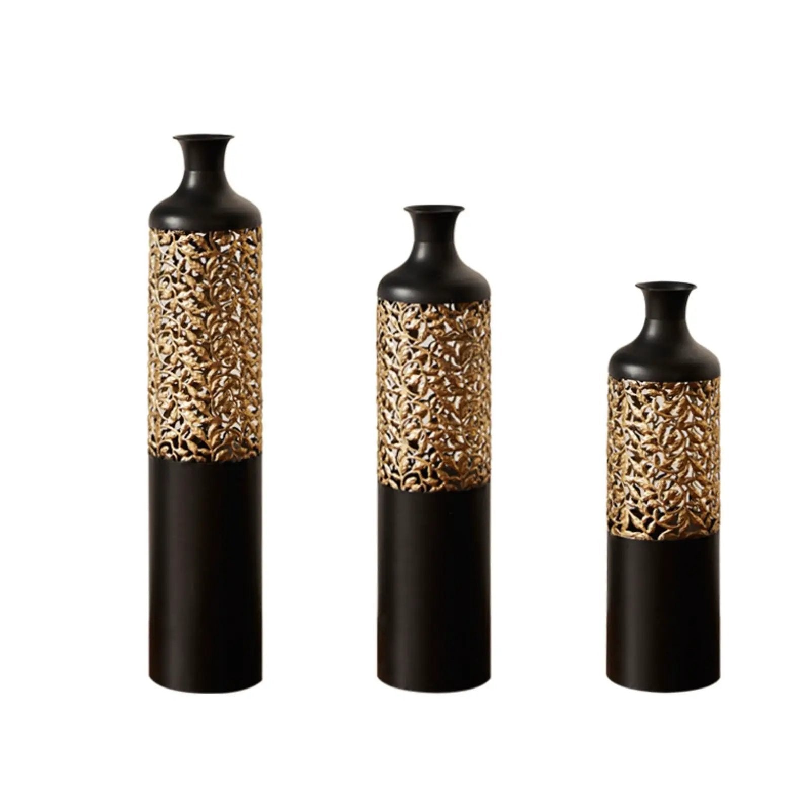 Floor Metal Vases Decorated Metal Vases (Set of 3) Gorgeous Home Decoration Large Glazed Metal Vases - Black / Gold by Unique Piece Furniture