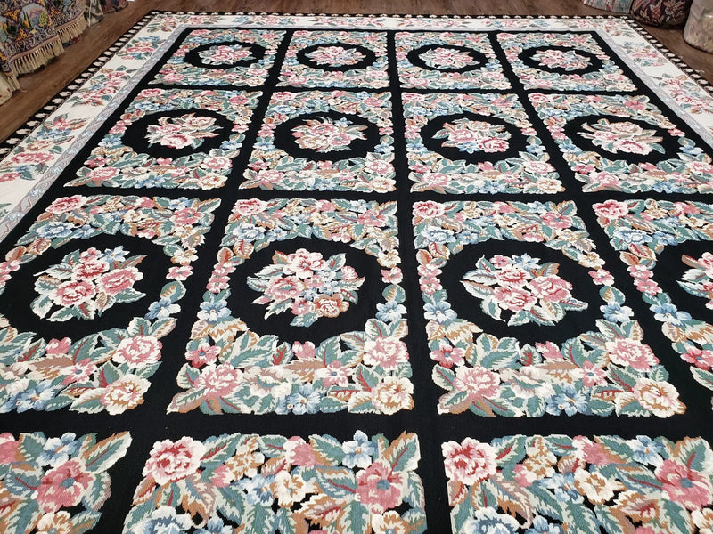 Floral Needlepoint Rug 9.5 x 13.6, Floral Panel Design, Black and Ivory Flatweave Aubusson Carpet, Multicolor by Jewel Rugs