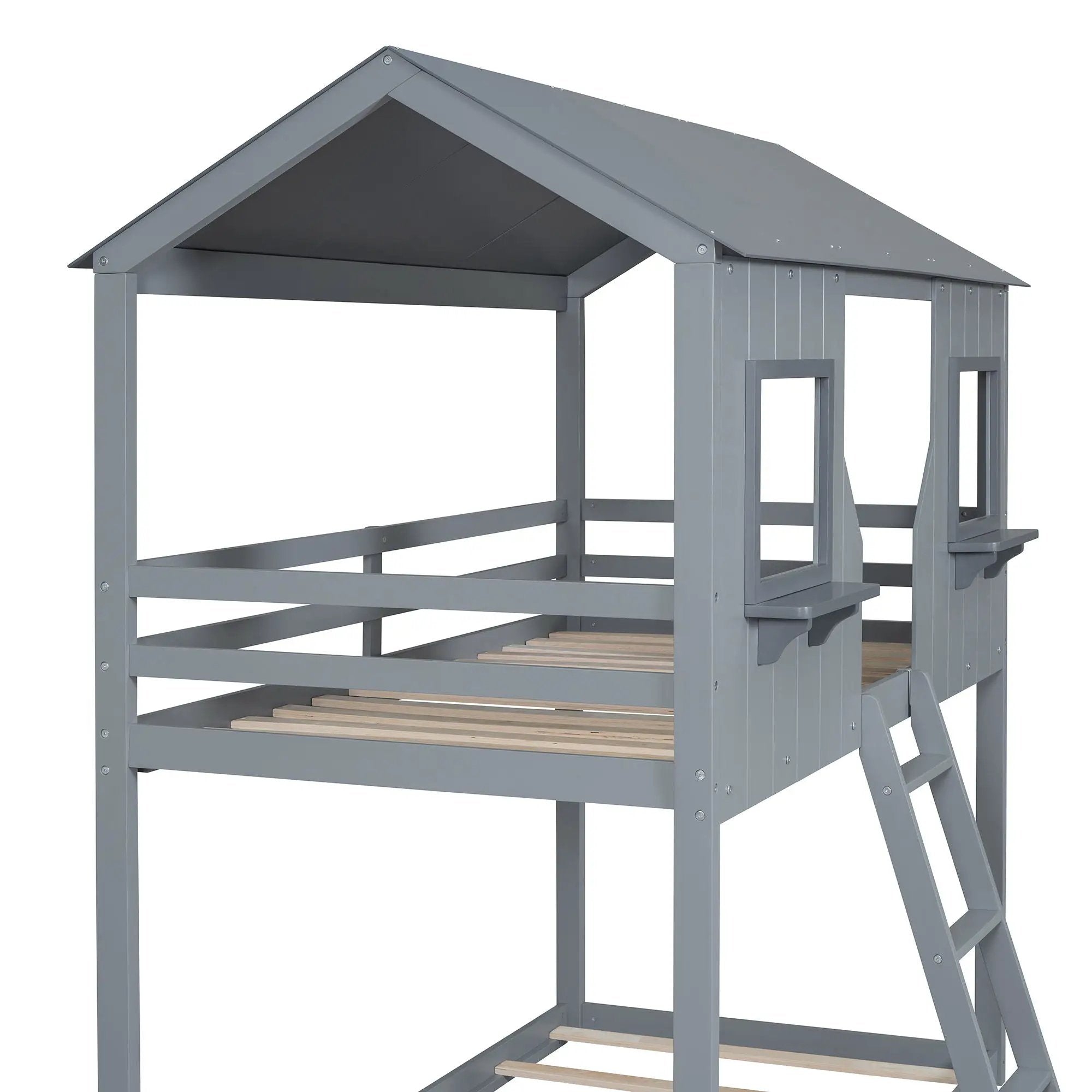 Twin Over Twin Bunk Bed With Roof, Window, Guardrail, Ladder by HouseOfZazla