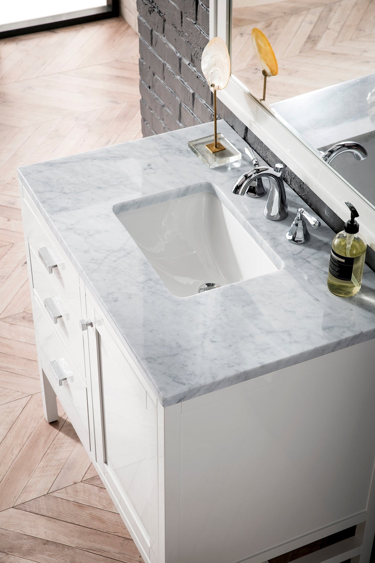 James Martin Addison 36" Single Bathroom Vanity, Glossy White with Carrara White countertop