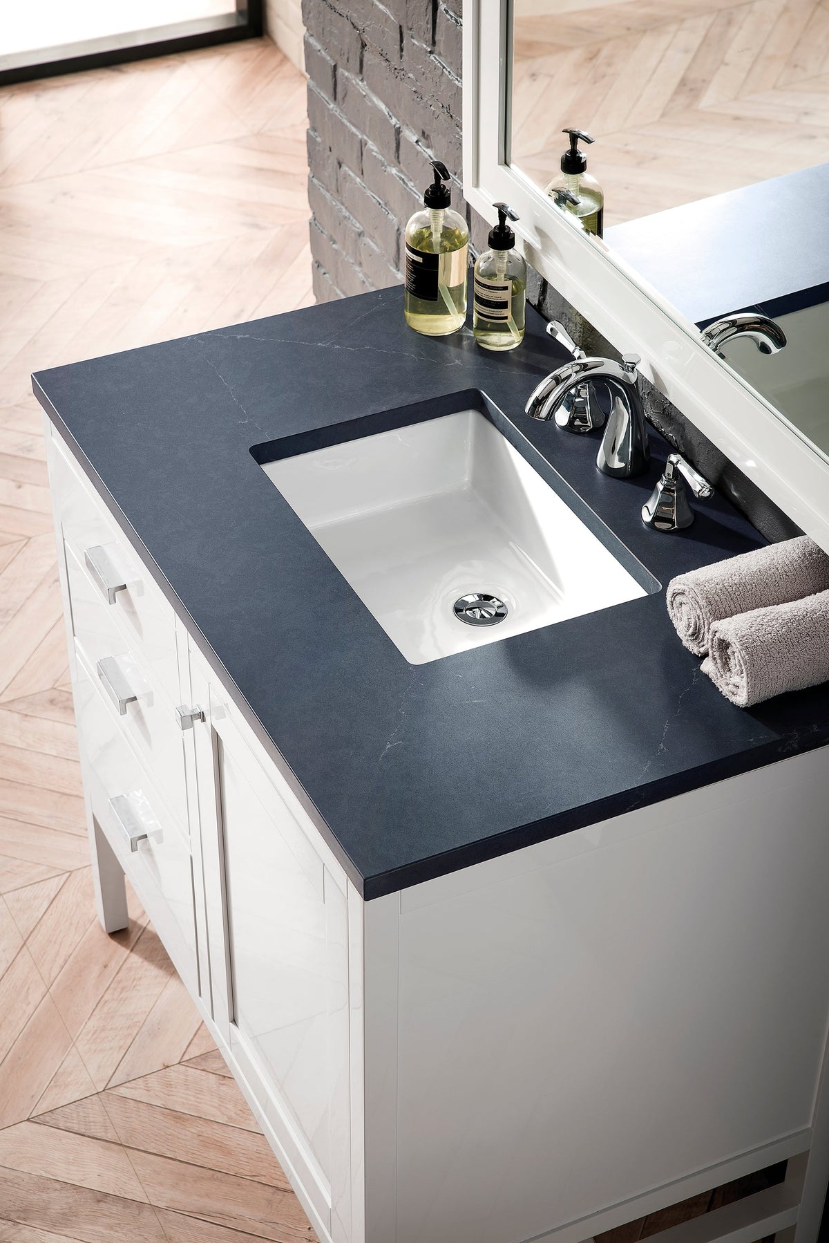 James Martin Addison 36" Single Bathroom Vanity, Glossy White with Charcoal Soapstone countertop