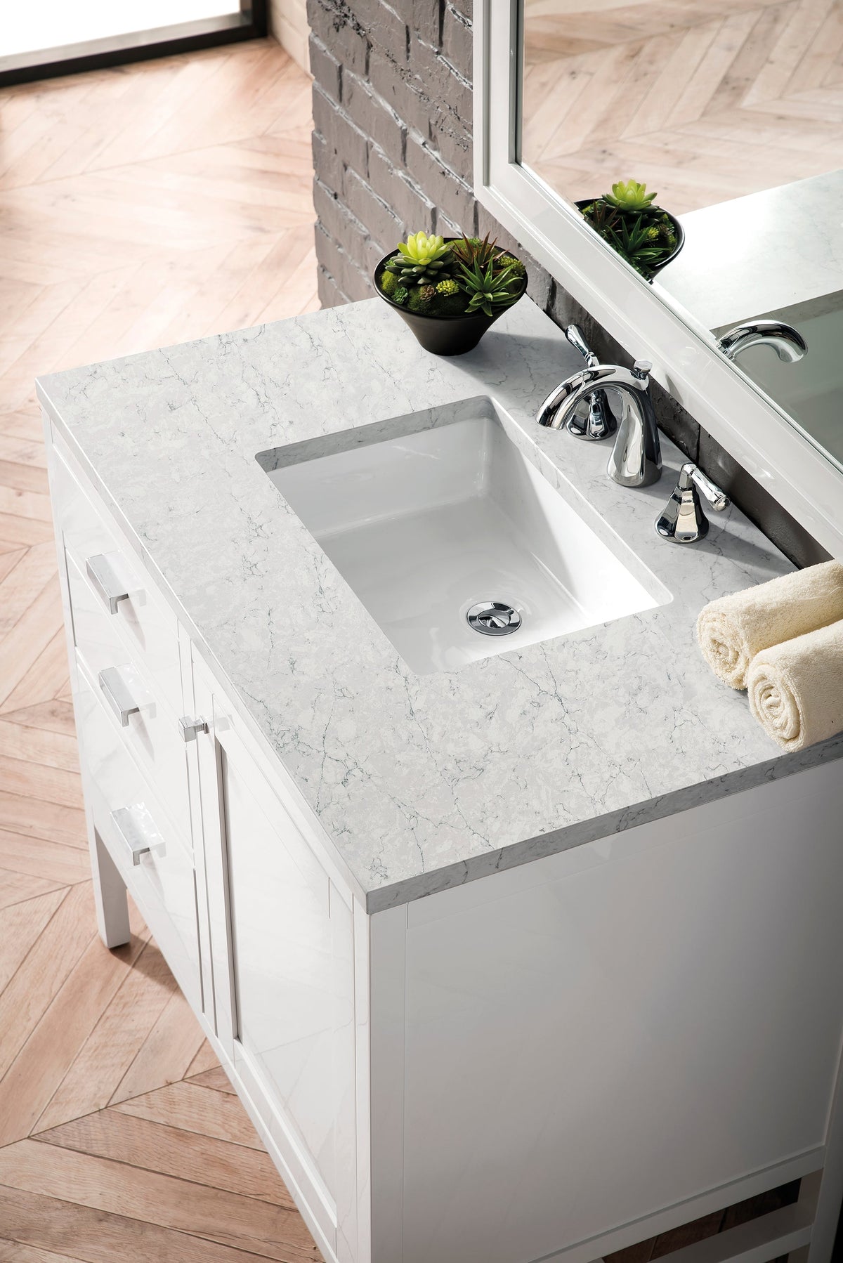 James Martin Addison 36" Single Bathroom Vanity, Glossy White with Eternal Jasmine Pearl countertop