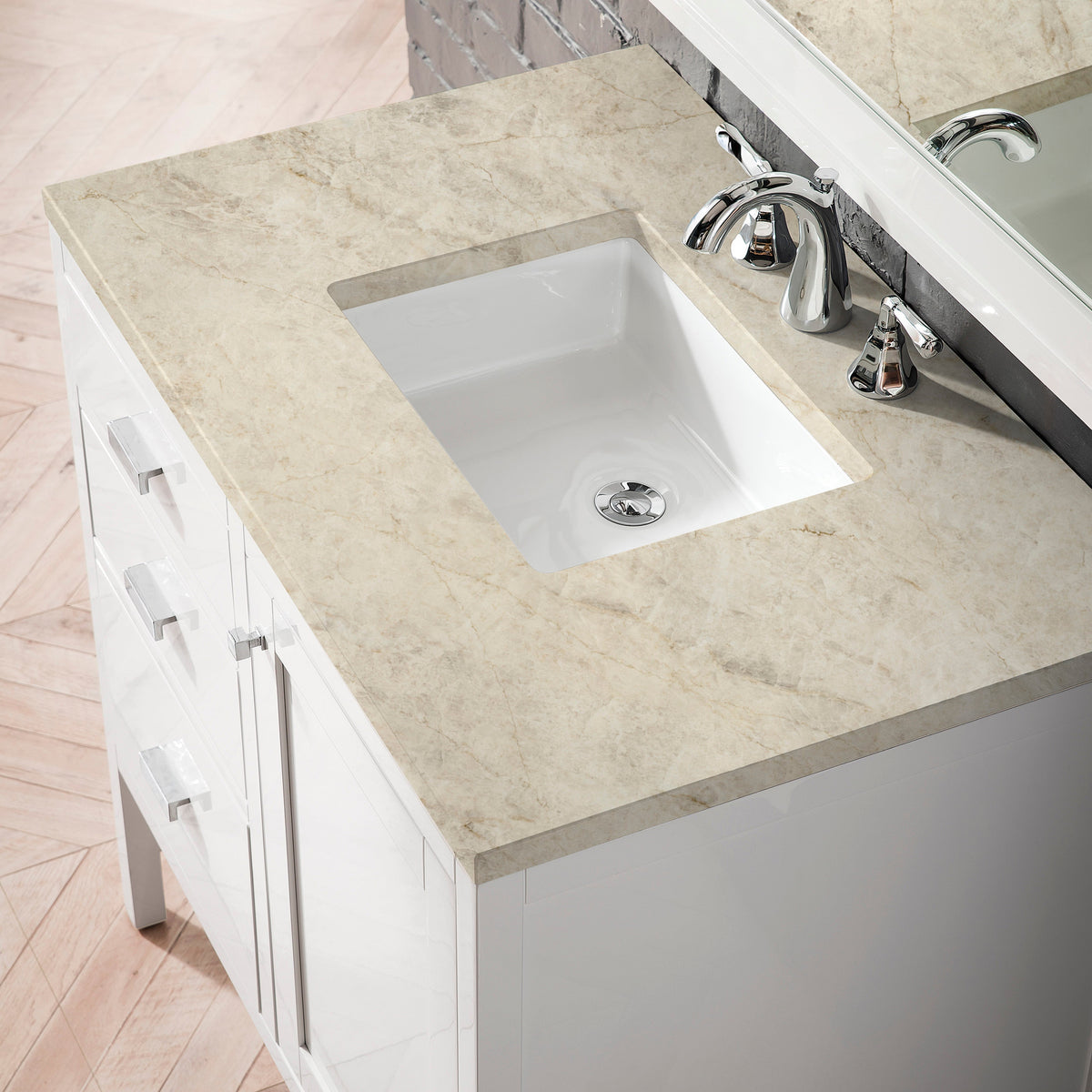 James Martin Addison 36" Single Bathroom Vanity, Glossy White with Tajnar countertop