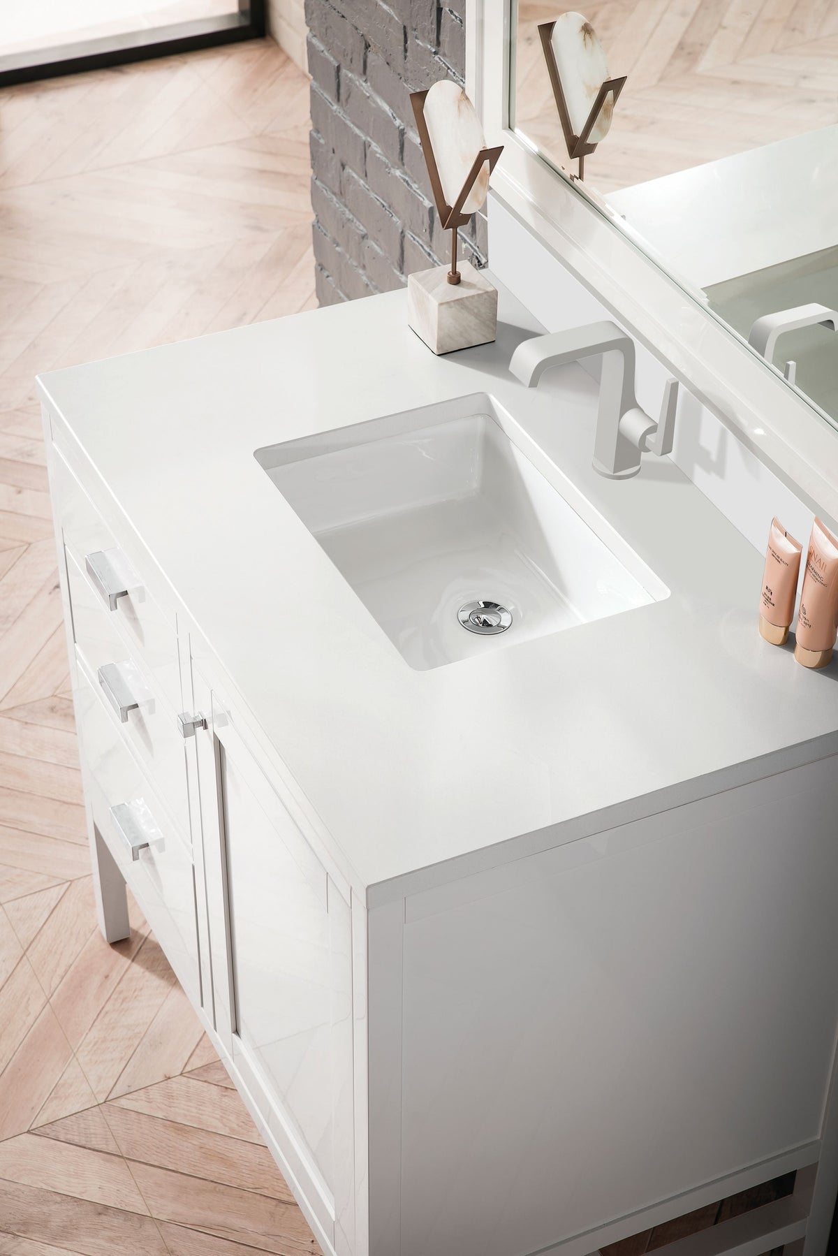 James Martin Addison 36" Single Bathroom Vanity, Glossy White with White Zeus (Single Hole, with Backsplash) countertop