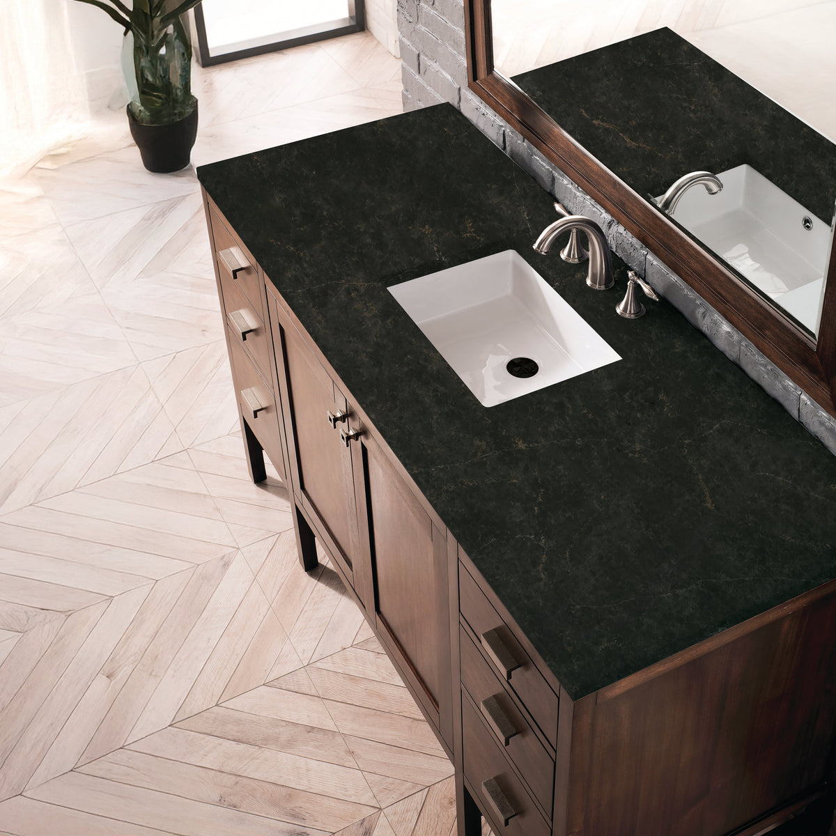 James Martin Addison 60" Single Bathroom Vanity, Mid-Century Acacia with Phantome countertop