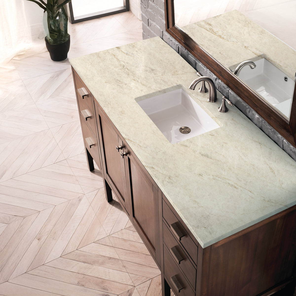 James Martin Addison 60" Single Bathroom Vanity, Mid-Century Acacia with Tajnar countertop
