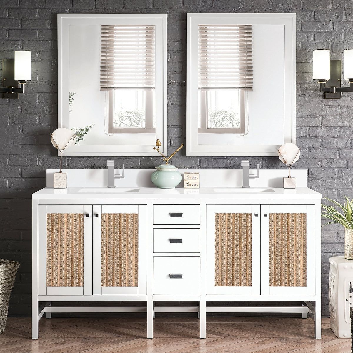 James Martin Addison 72" Double Bathroom Vanity, Glossy White with White Zeus (Single Hole, with Backsplash) countertop