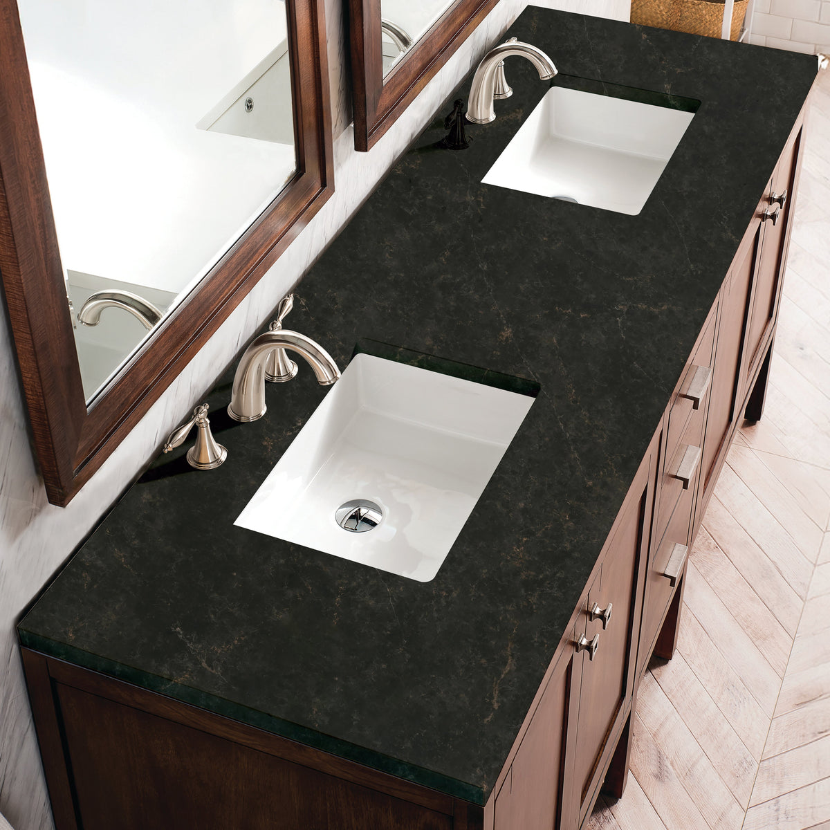 James Martin Addison 72" Double Bathroom Vanity, Mid-Century Acacia with Phantome countertop