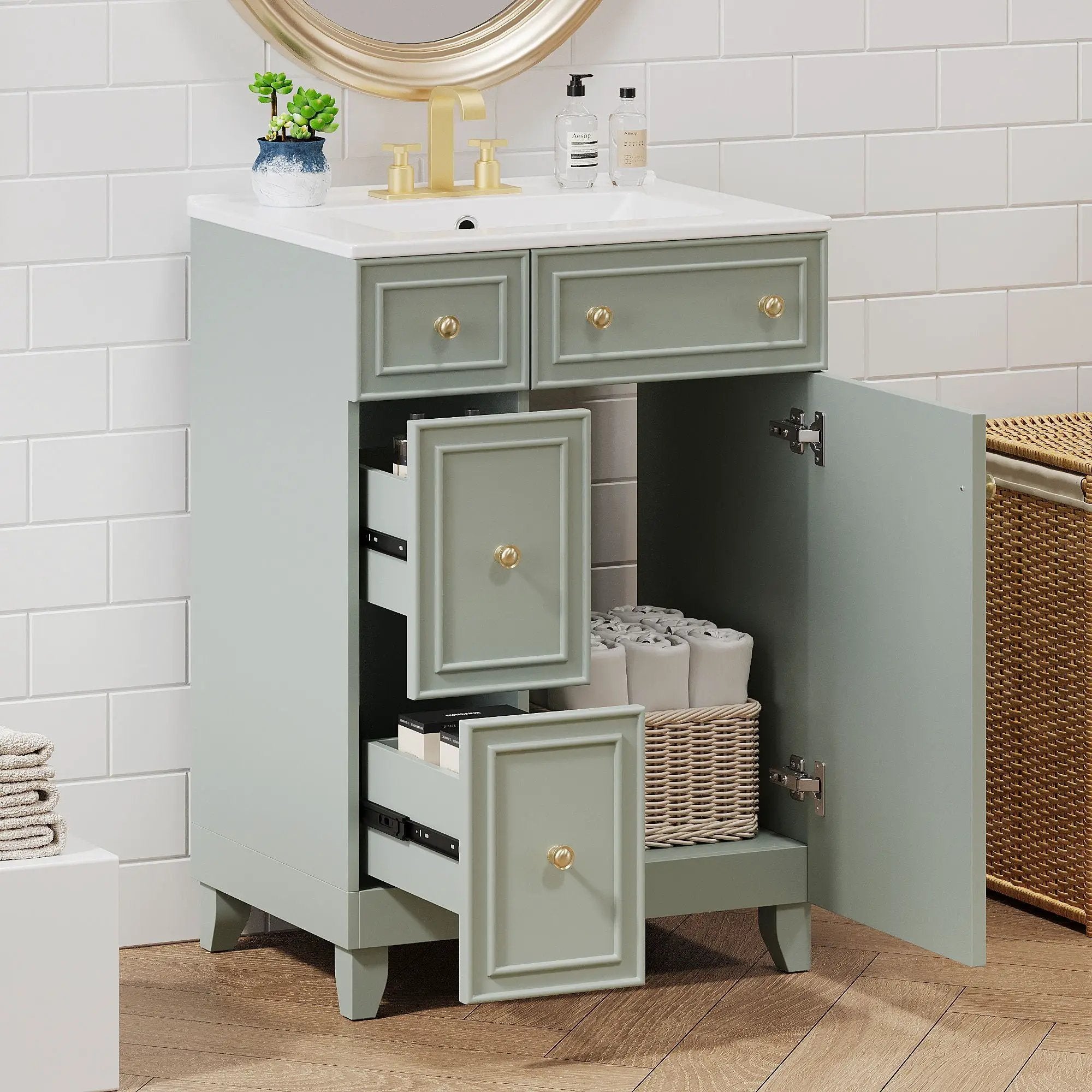 Transitional Style Bathroom Vanity Cabinet With Ceramic Sink by Unique Piece Furniture