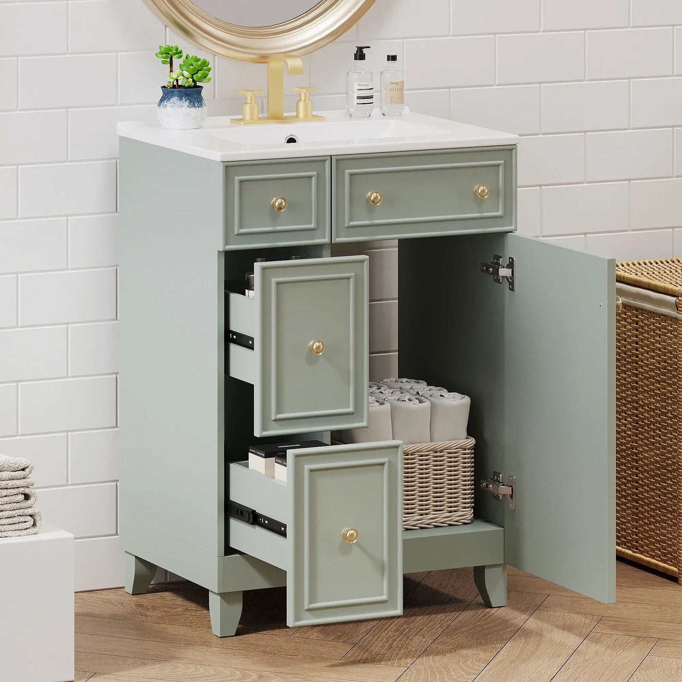 Transitional Style Bathroom Vanity Cabinet With Ceramic Sink by Unique Piece Furniture