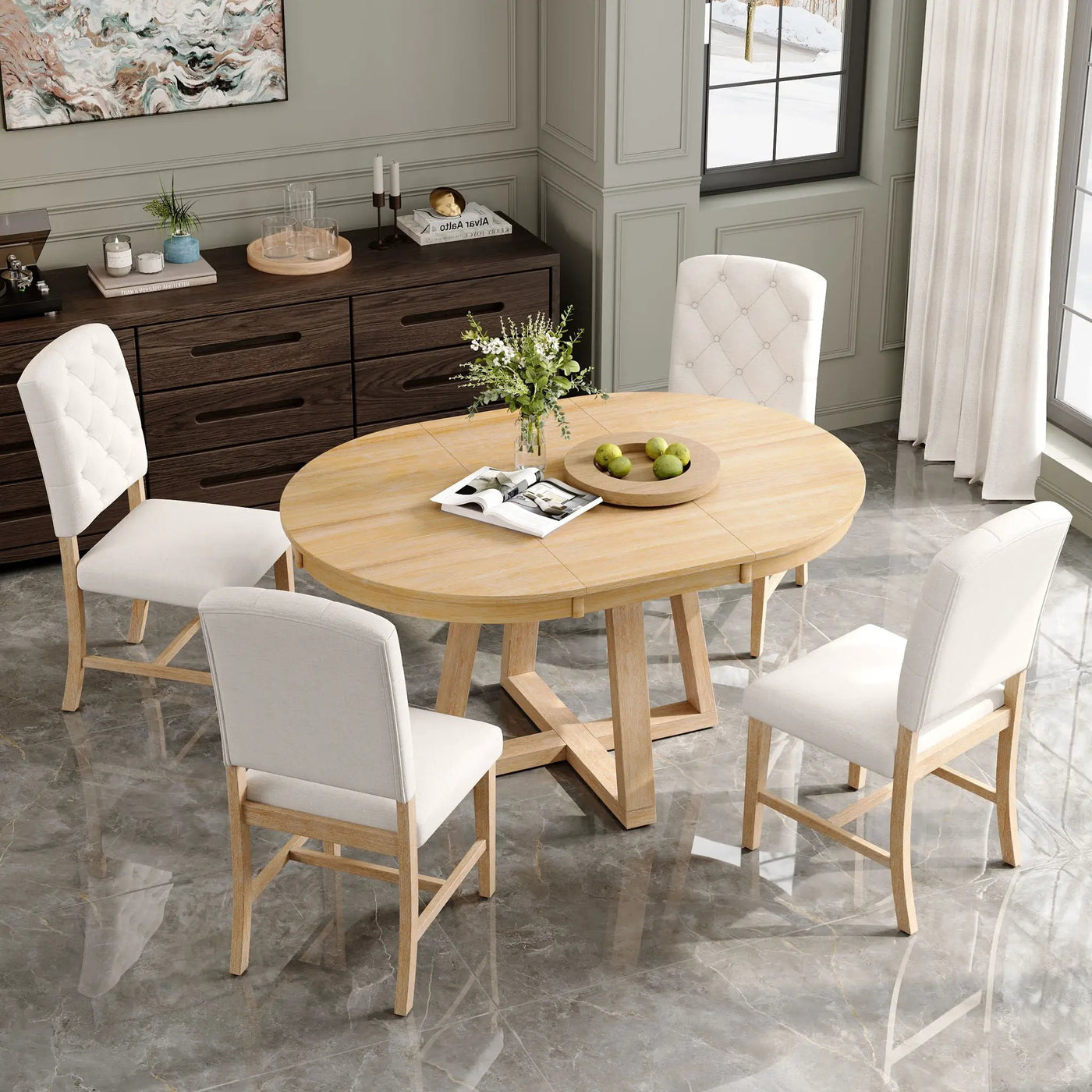 Dining Set With Leaf Round Table And 4 Upholstered Chairs by Unique Piece Furniture