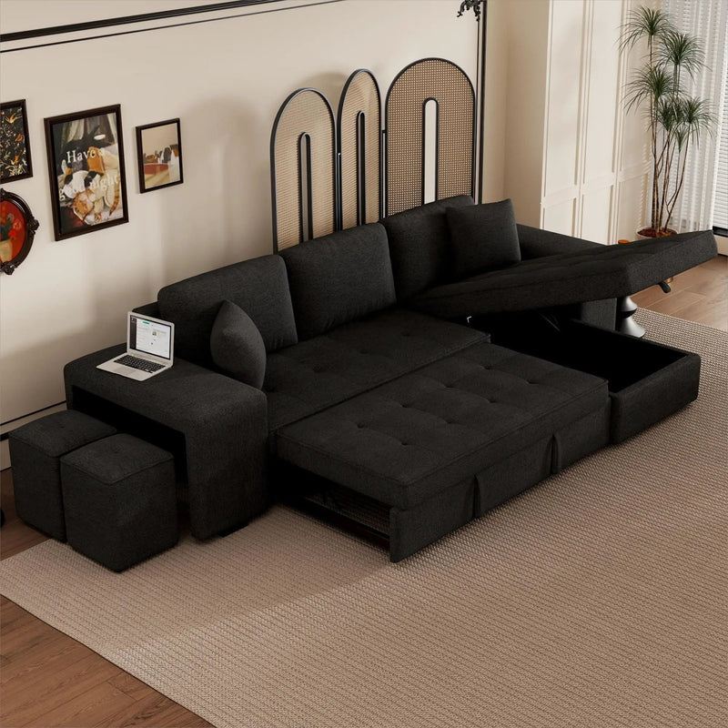 Modern L-Shape 3 Seat Reversible Sectional Couch, Pull Out Sleeper Sofa With Storage Chaise And 2 Stools For Living Room Furniture Set by Unique Piece Furniture