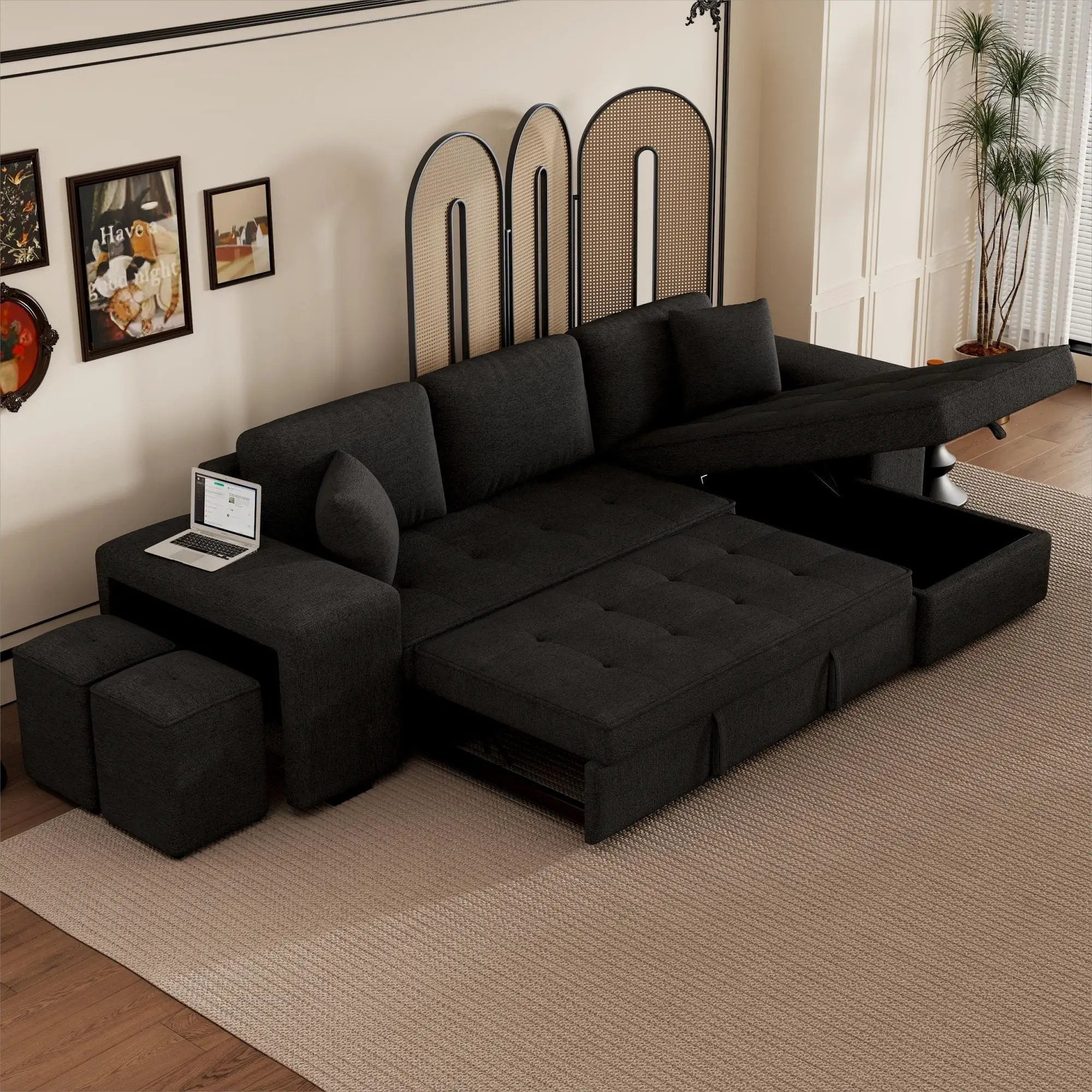 Modern L-Shape 3 Seat Reversible Sectional Couch, Pull Out Sleeper Sofa With Storage Chaise And 2 Stools For Living Room Furniture Set by HouseOfZazla