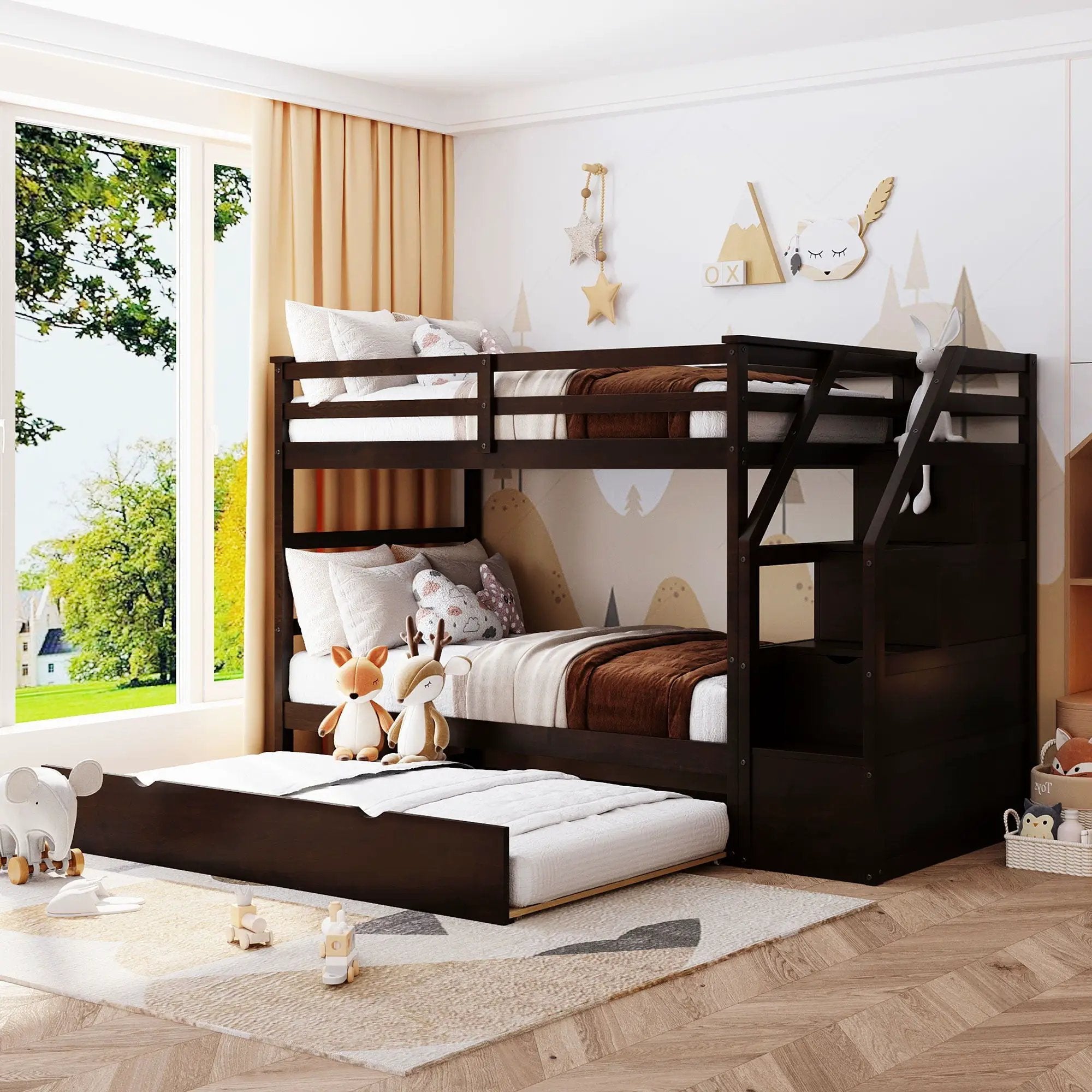 Twin Over Twin Bunk Bed With Twin Size Trundle And 3 Storage Stairs - Espresso by HouseOfZazla