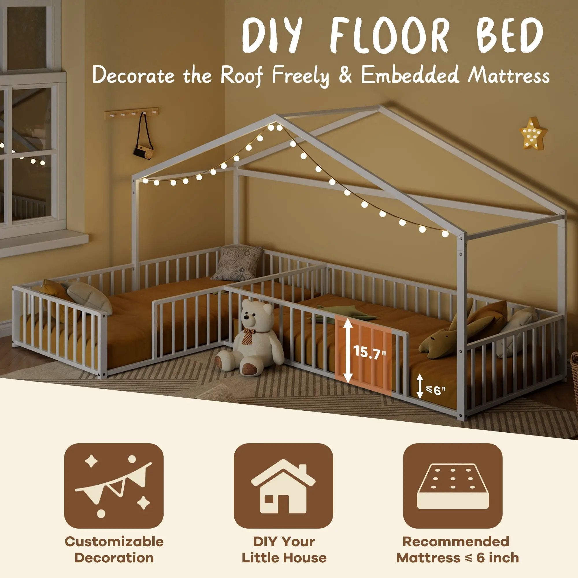 L-Shaped Montessori Bed For 2 Kids With Partitioned Fence by HouseOfZazla