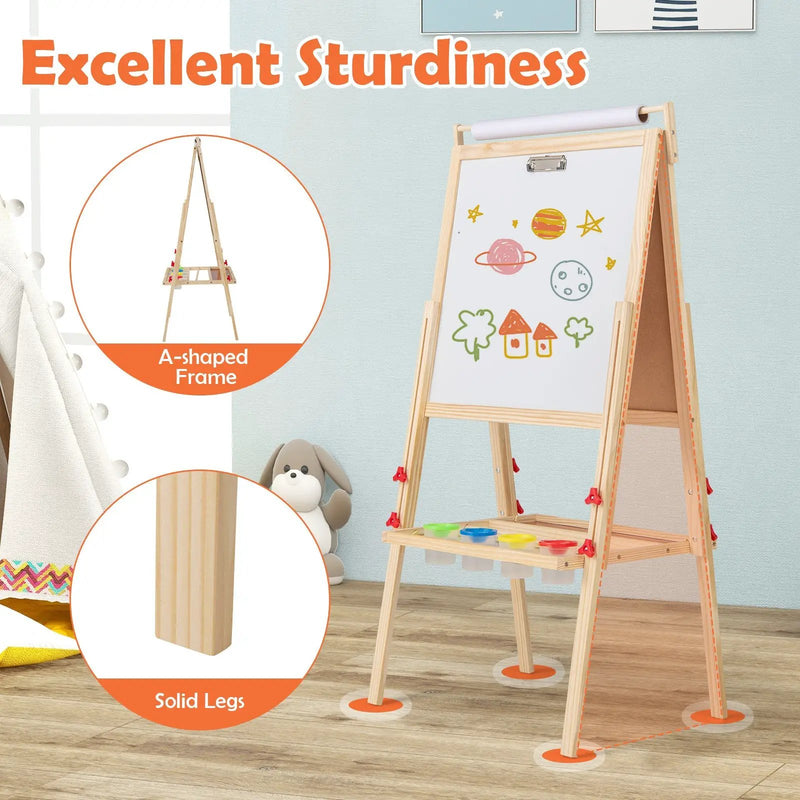Adjustable Double-sided Easel with 4 Paint Cups-Natutral by DirectDeals
