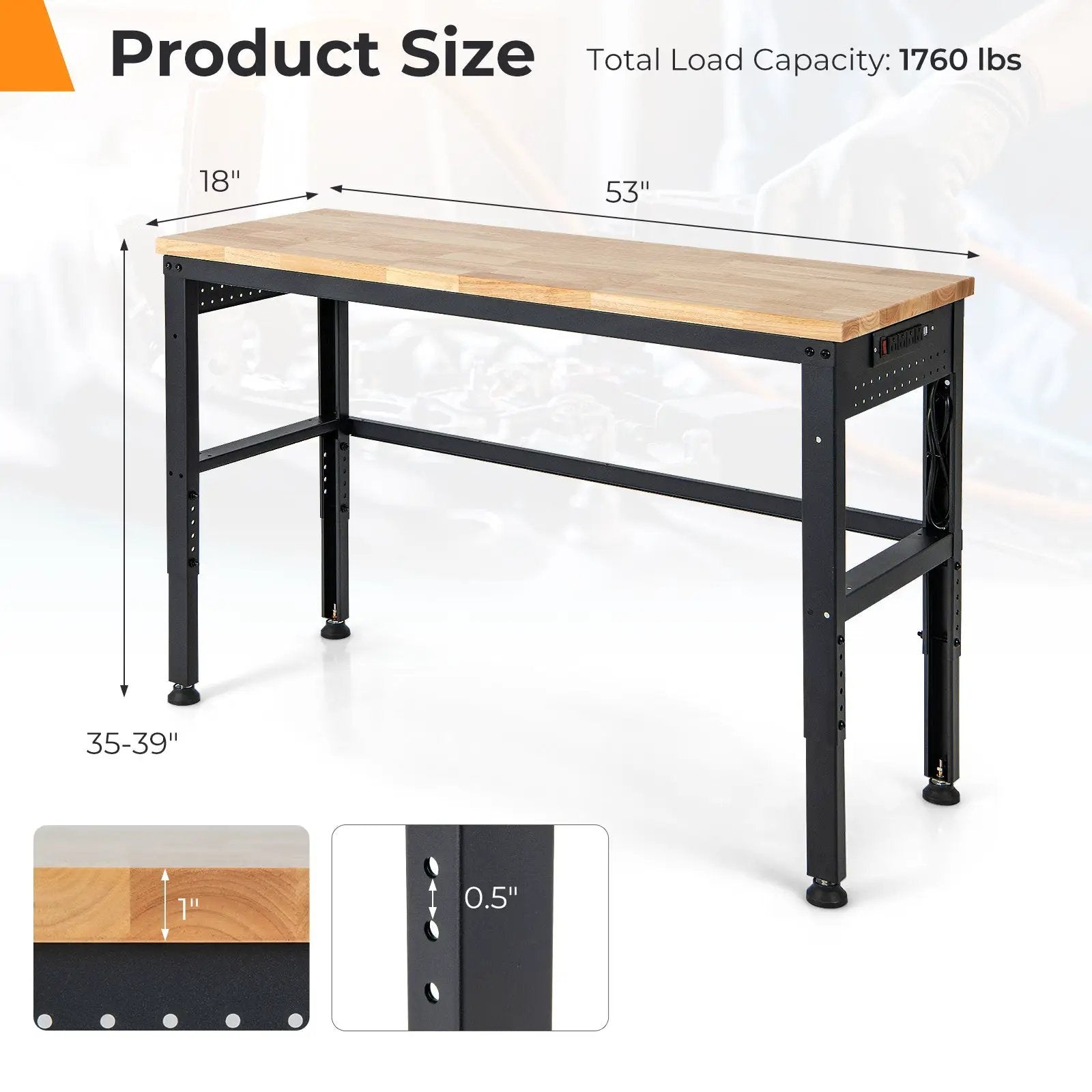 53 Inch Adjustable Heavy-Duty Workbench with Rubber Wood Top by DirectDeals