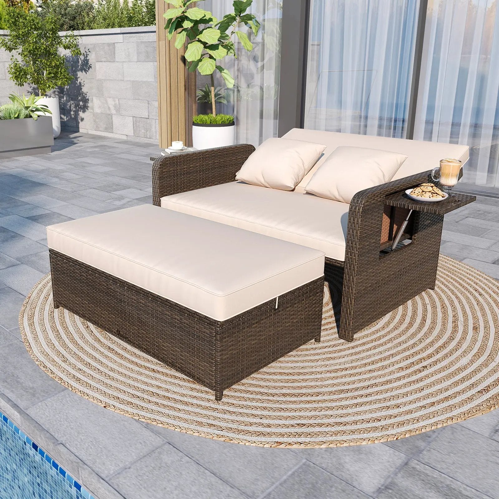 Premium Adjustable Outdoor Patio Daybed Set with Cushions and Storage Ottoman by DirectDeals