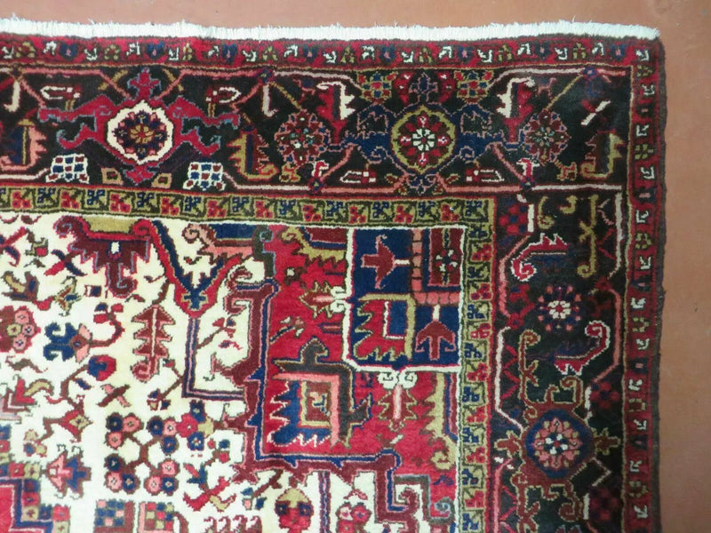Wonderful Persian Heriz Rug 8.6 x 11, Geometric Heriz Carpet, Semi Antique Decorative Area Rug, Red Ivory Dark Blue Handmade Wool Room Sized by Jewel Rugs