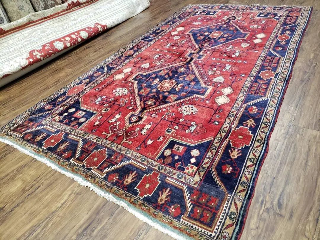 Antique Persian Zanjan Nahavand Heriz Rug, Red & Blue, Hand-Knotted, 5' x 9' 7" by Jewel Rugs