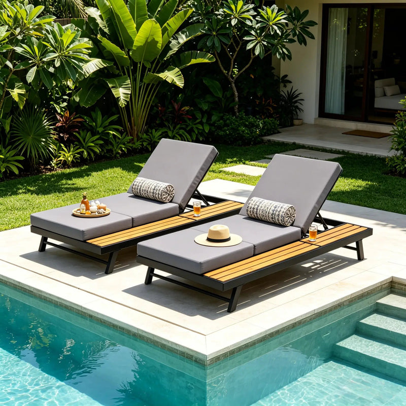 Black Iron + Teak Finish Chaise Lounge Set by HouseOfZazla