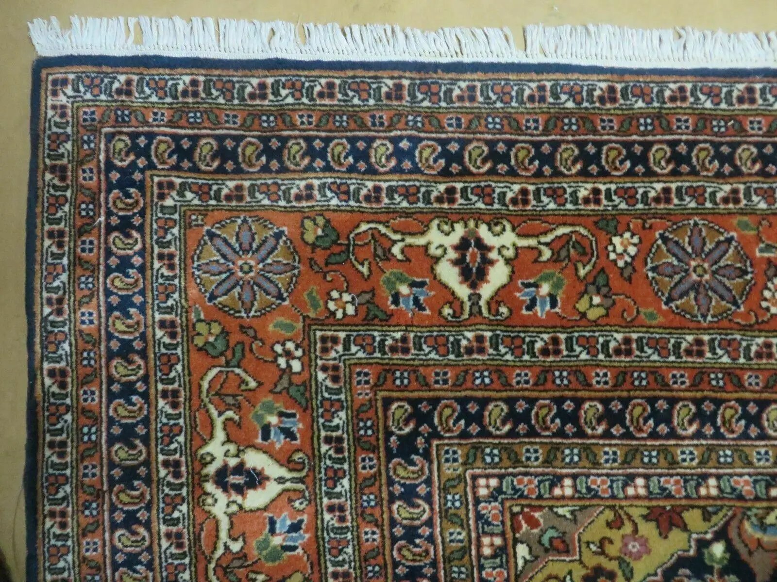Indo Persian Rug 9x12, Semi Open Field Medallion, Ivory Tomato Red Navy Blue, Hand Knotted Indian Oriental Wool Carpet 9 x 12 ft, Room Sized by Jewel Rugs