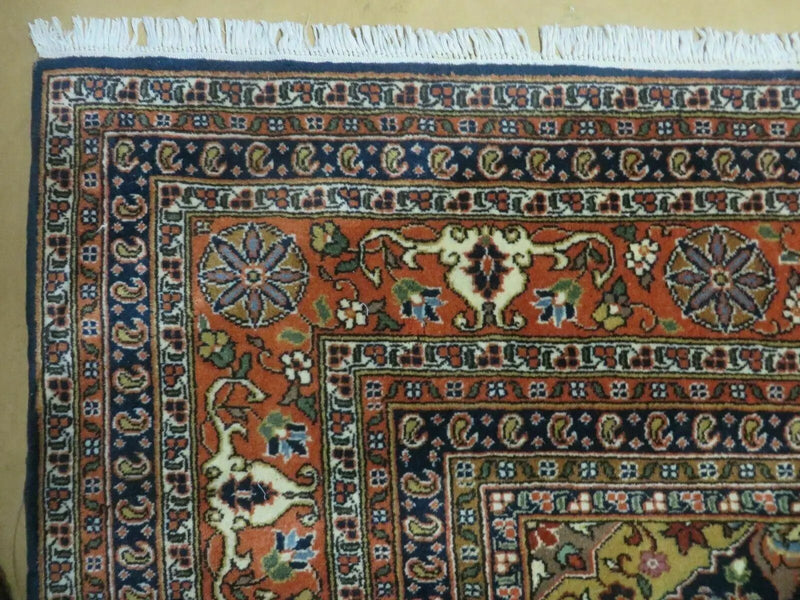Indo Persian Rug 9x12, Semi Open Field Medallion, Ivory Tomato Red Navy Blue, Hand Knotted Indian Oriental Wool Carpet 9 x 12 ft, Room Sized by Jewel Rugs