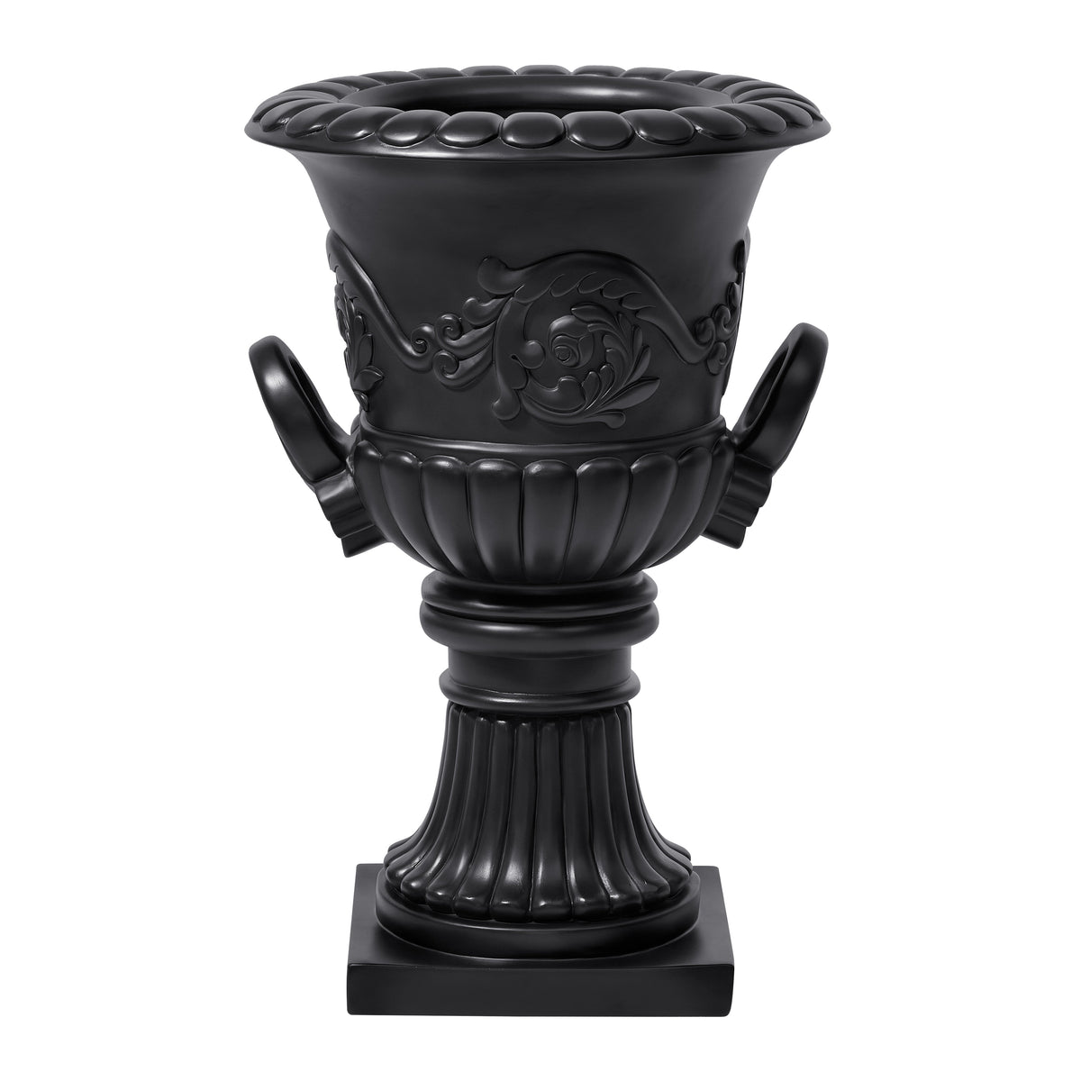 Classical Roman Pedestal Urn Decorative Outdoor Planter with Embossed Floral – Black, photo 4 of 8